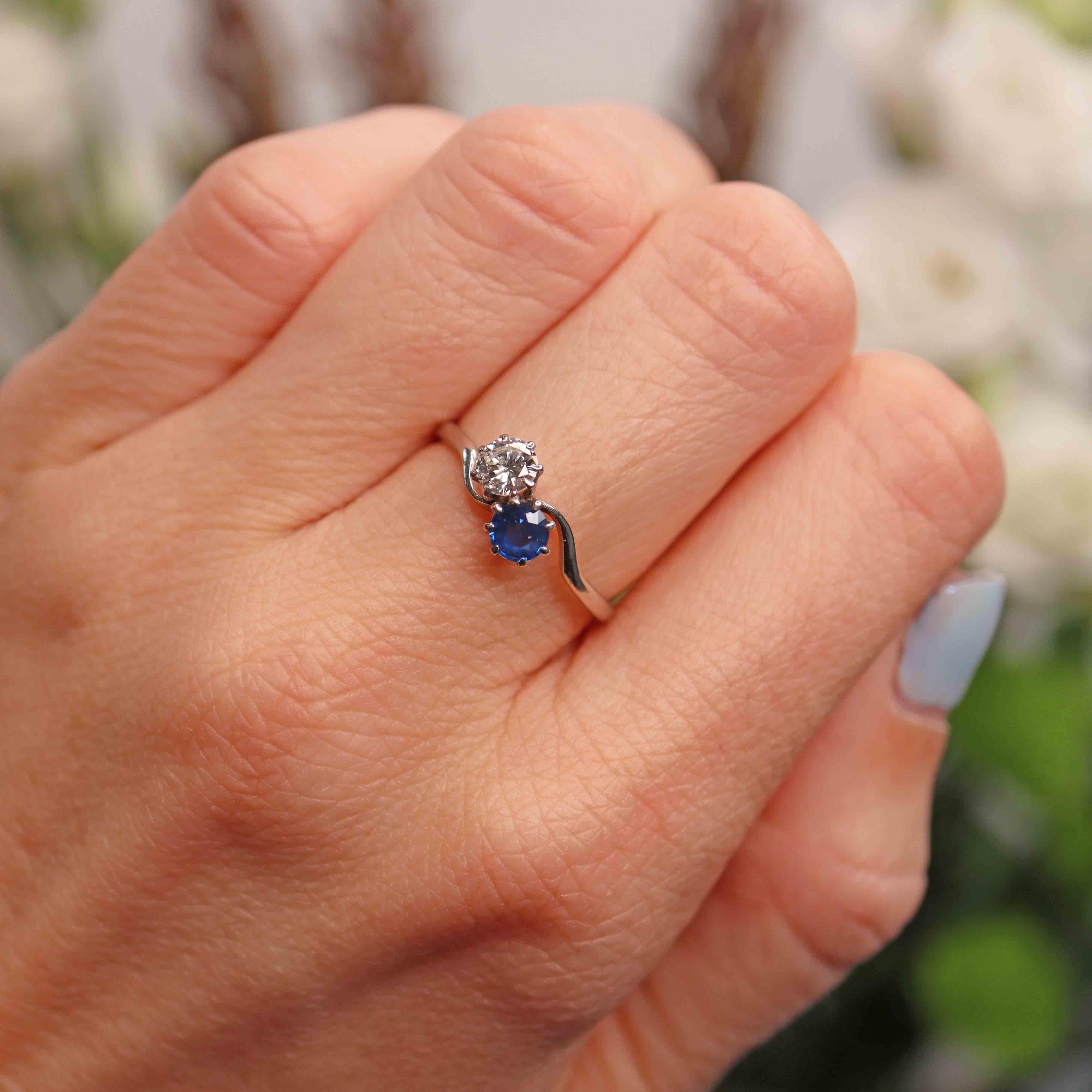 Ellibelle Jewellery Art Deco Sapphire & Diamond Platinum Toi et Moi Engagement Ring