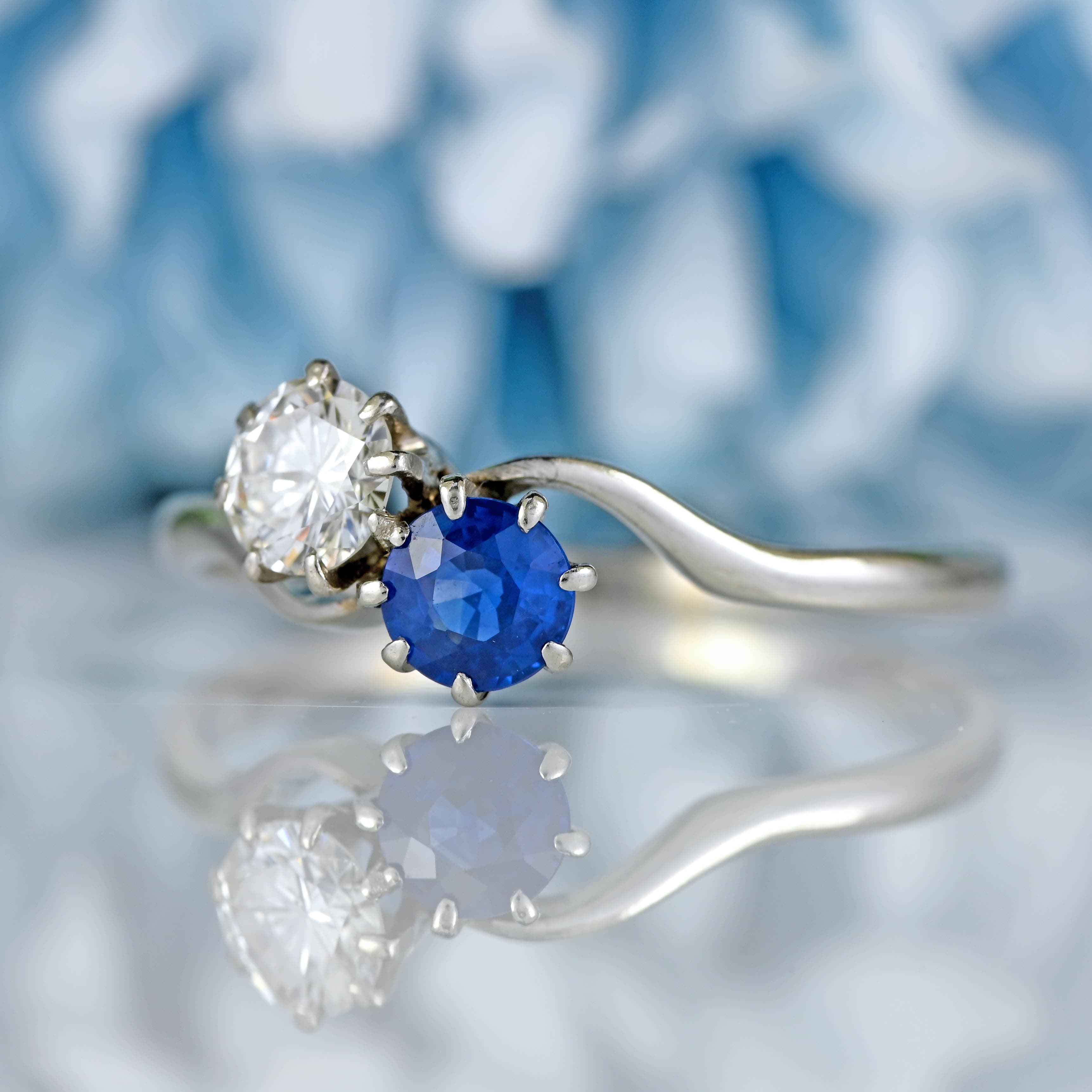 Ellibelle Jewellery Art Deco Sapphire & Diamond Platinum Toi et Moi Engagement Ring