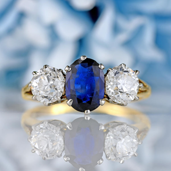 Ellibelle Jewellery Art Deco Sapphire & Old-European Diamond 18ct Gold Three-Stone Engagement Ring