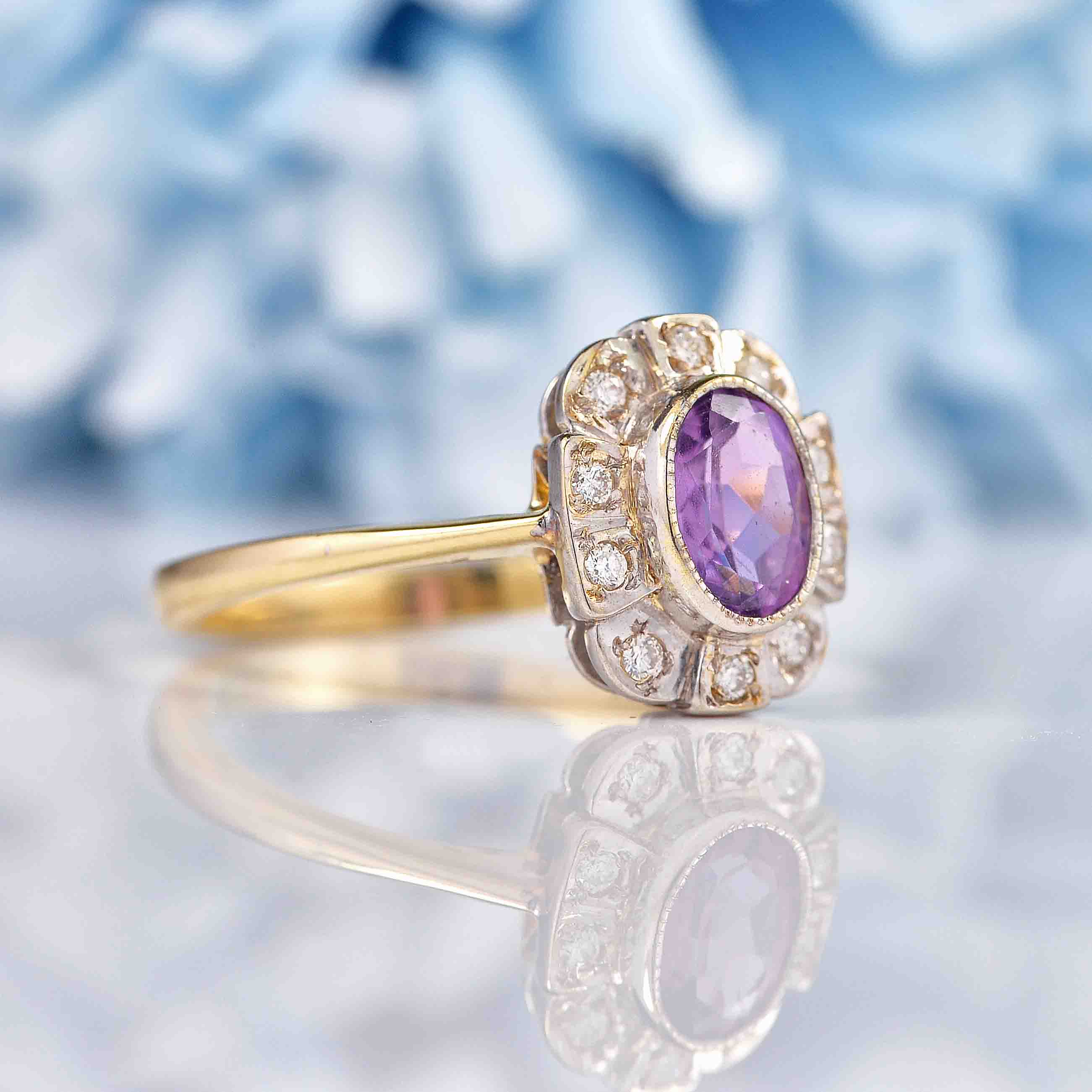 Ellibelle Jewellery Art Deco Style Amethyst & Diamond 9ct Gold Panel Ring