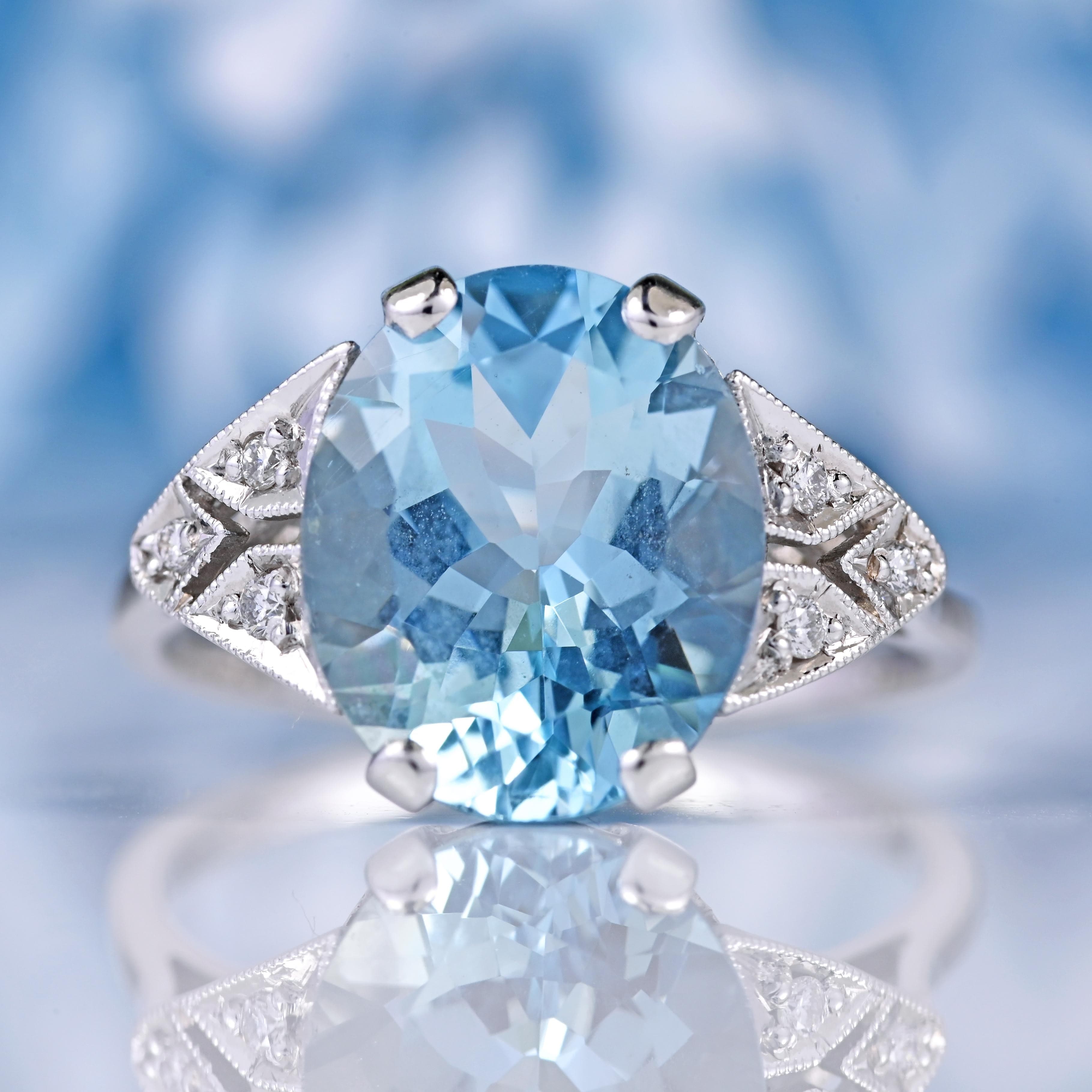 Ellibelle Jewellery Art Deco Style Aquamarine & Diamond 18ct White Gold Ring (4.00ct)