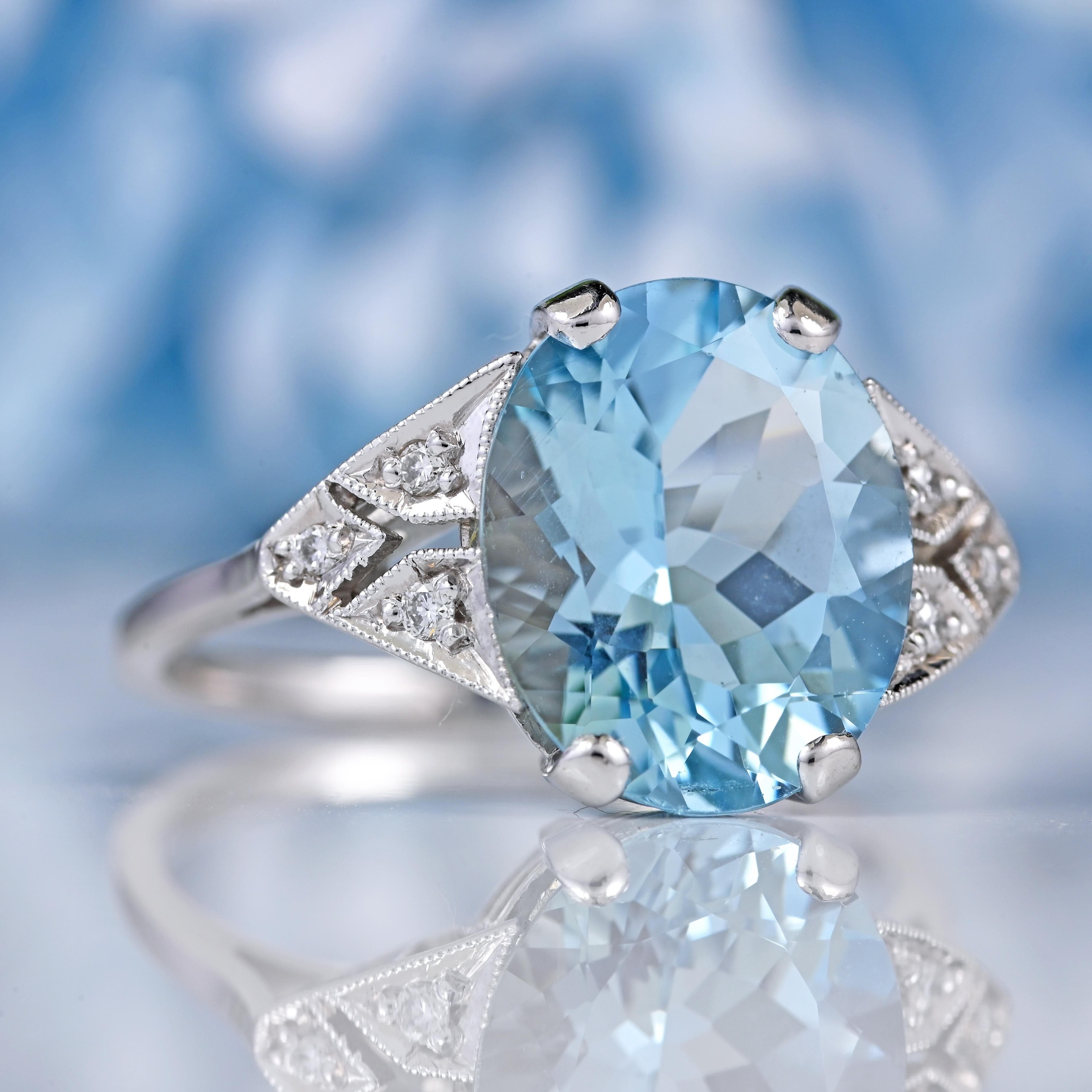 Ellibelle Jewellery Art Deco Style Aquamarine & Diamond 18ct White Gold Ring (4.00ct)