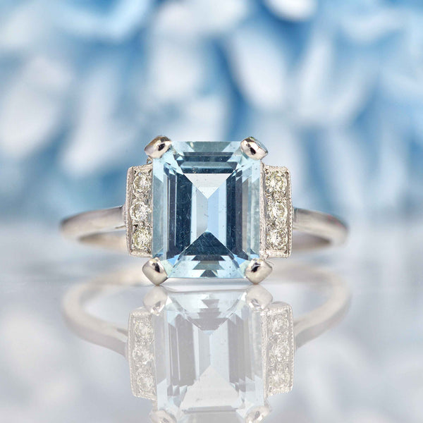 Ellibelle Jewellery Art Deco Style Aquamarine & Diamond Platinum Ring