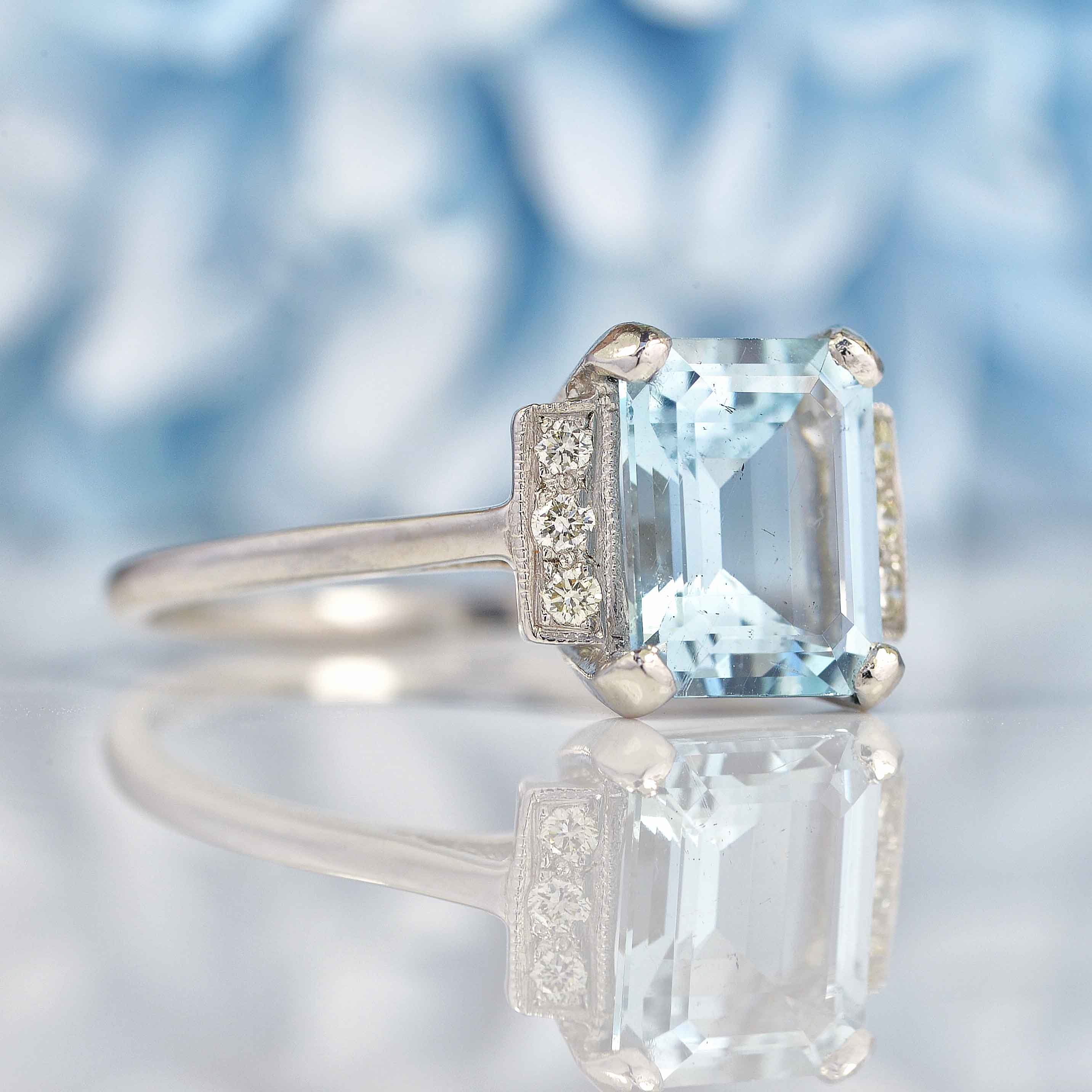 Ellibelle Jewellery Art Deco Style Aquamarine & Diamond Platinum Ring