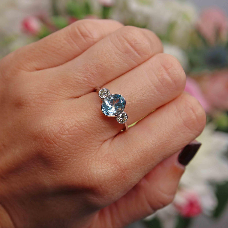 Ellibelle Jewellery Art Deco Style Aquamarine & Diamond Platinum Three-Stone Engagement Ring