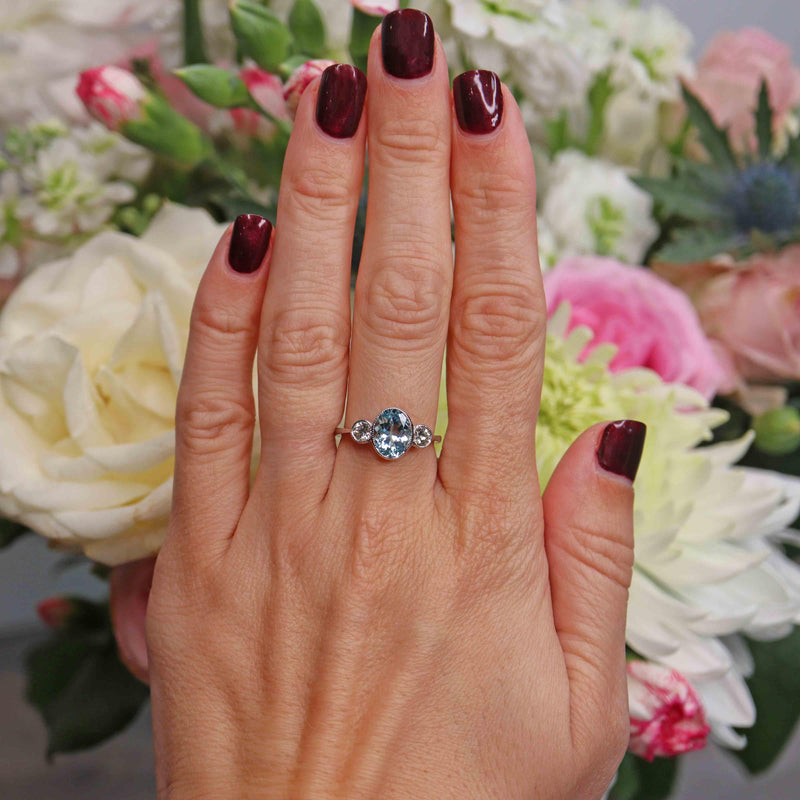 Ellibelle Jewellery Art Deco Style Aquamarine & Diamond Platinum Three-Stone Engagement Ring