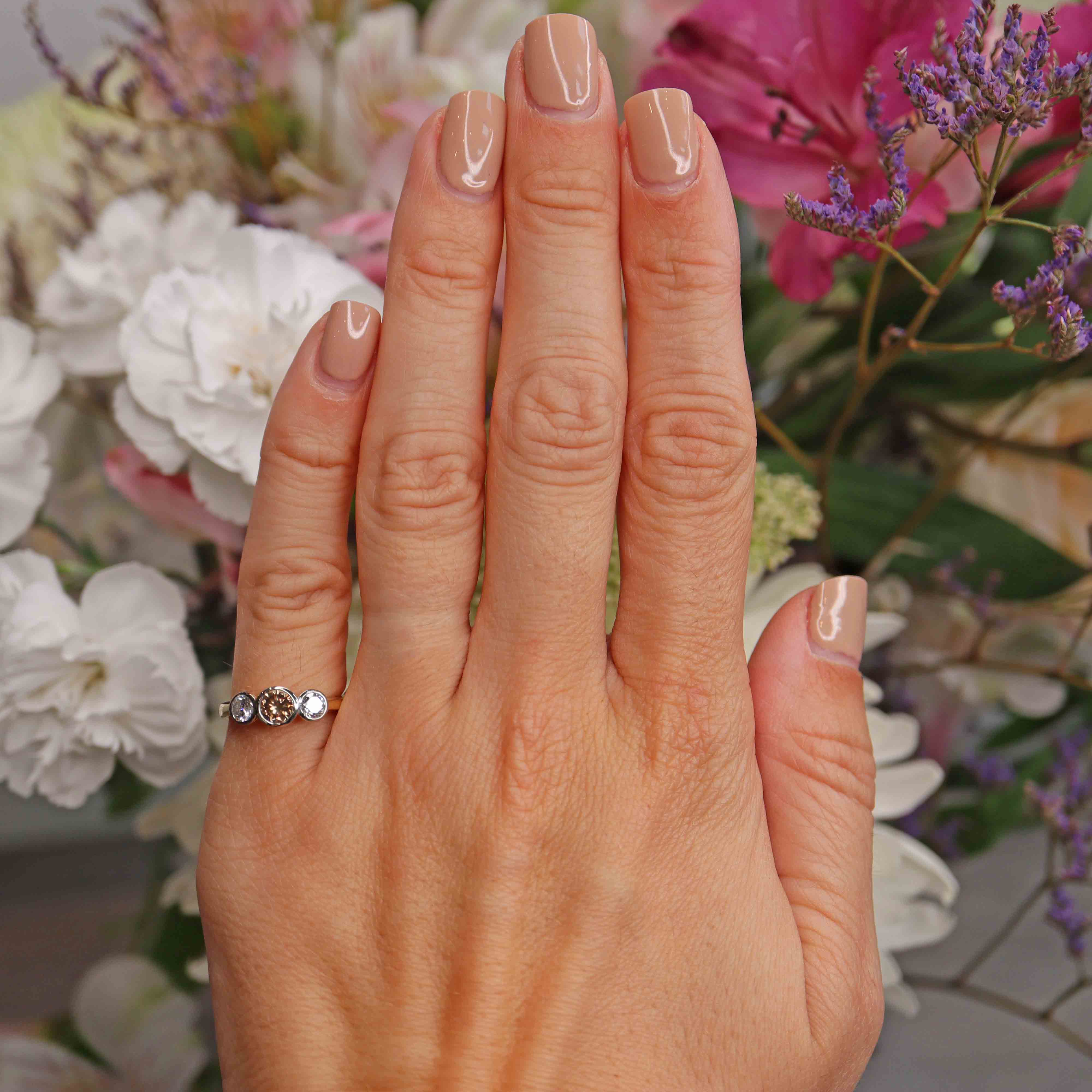 Ellibelle Jewellery Art Deco Style Brown Diamond 18ct Gold Three-Stone Engagement Ring
