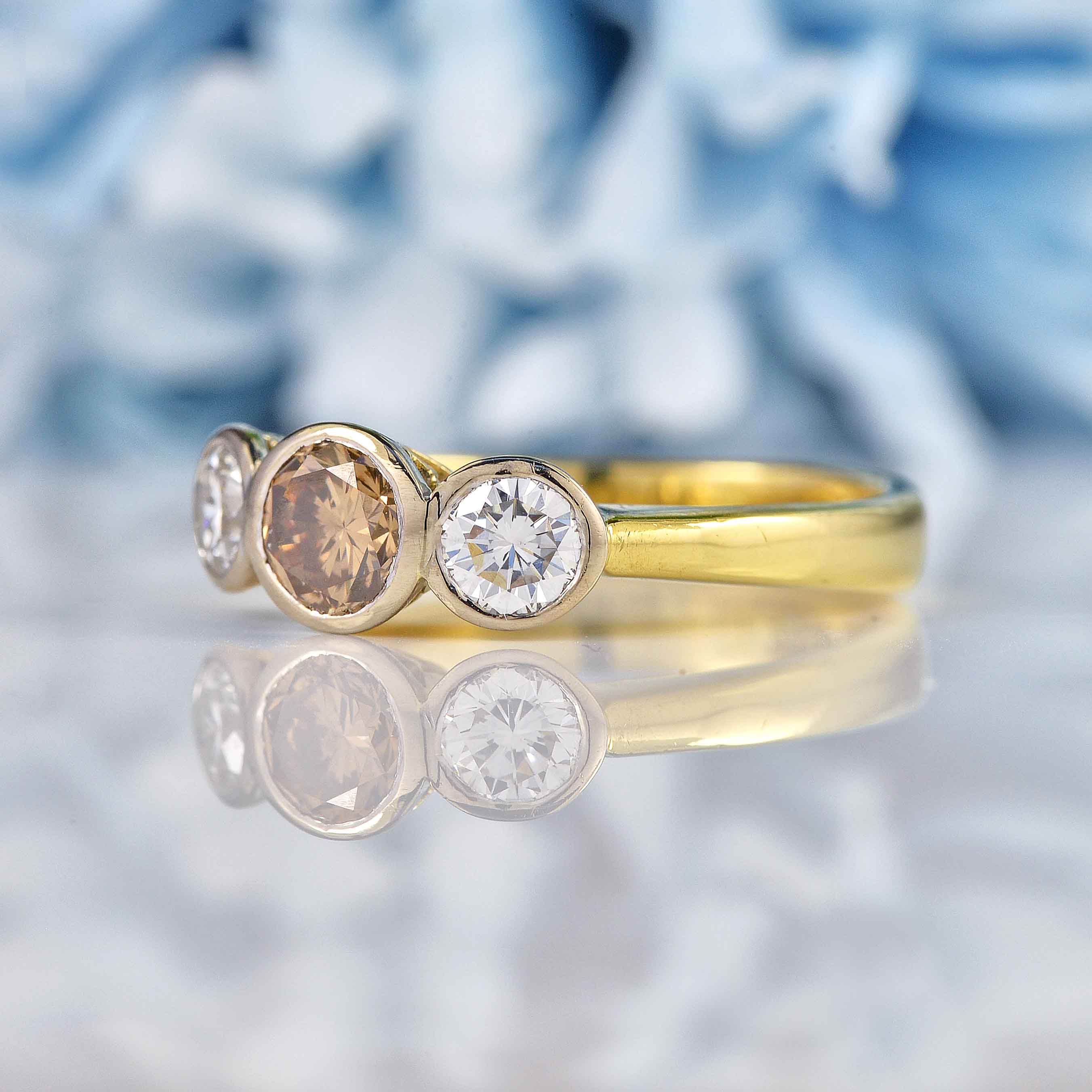 Art Deco Style Brown Diamond 18ct Gold Three-Stone Engagement Ring