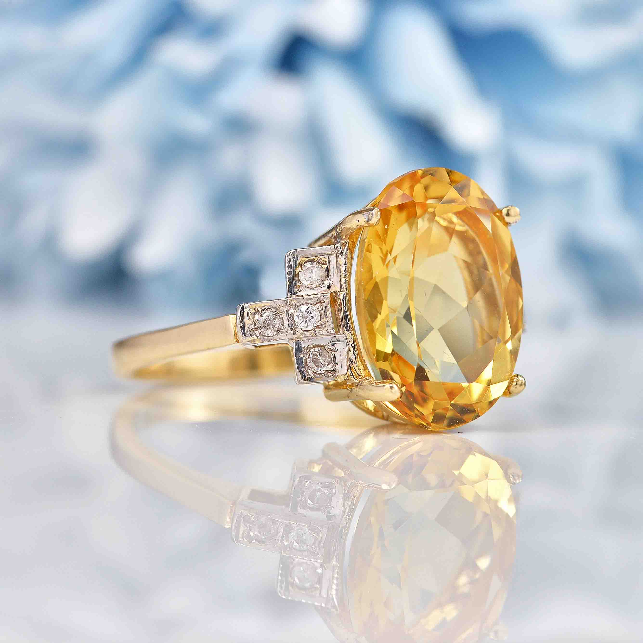 Art Deco Style Citrine Diamond 9ct Gold Dress Ring