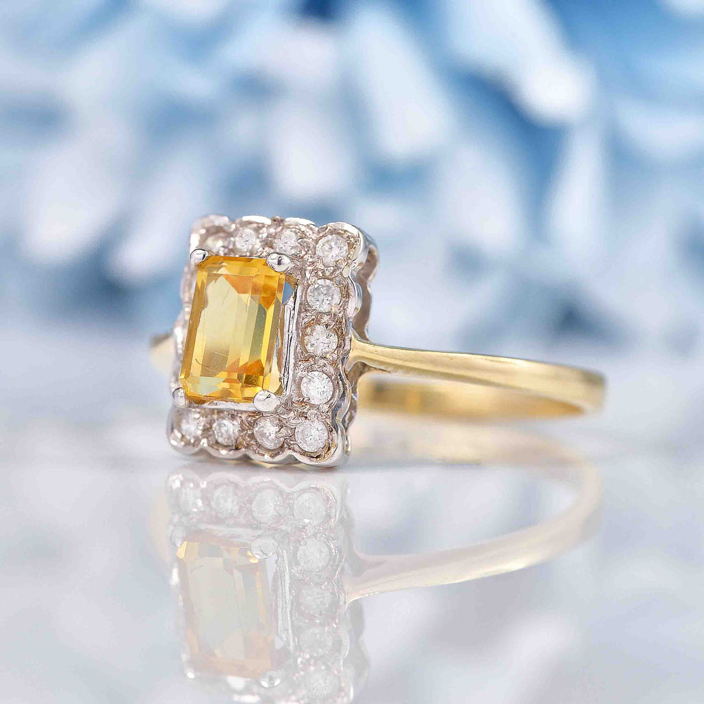 Art Deco Style Citrine Diamond 9ct Gold Rectangular Panel Ring
