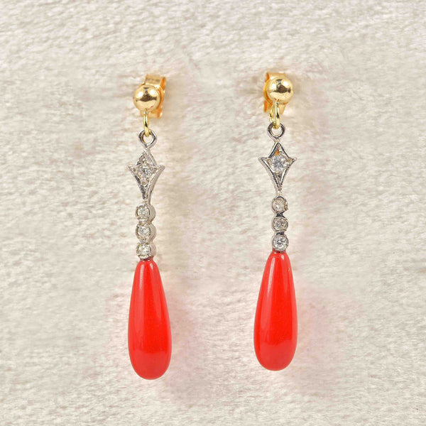 Ellibelle Jewellery Art Deco Style Coral & Diamond Drop Earrings