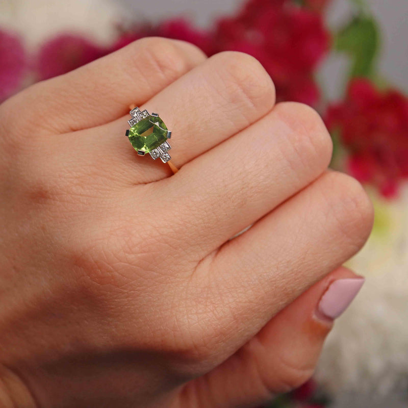 Ellibelle Jewellery Art Deco Style Cushion-Cut Peridot & Diamond 18ct Gold Ring