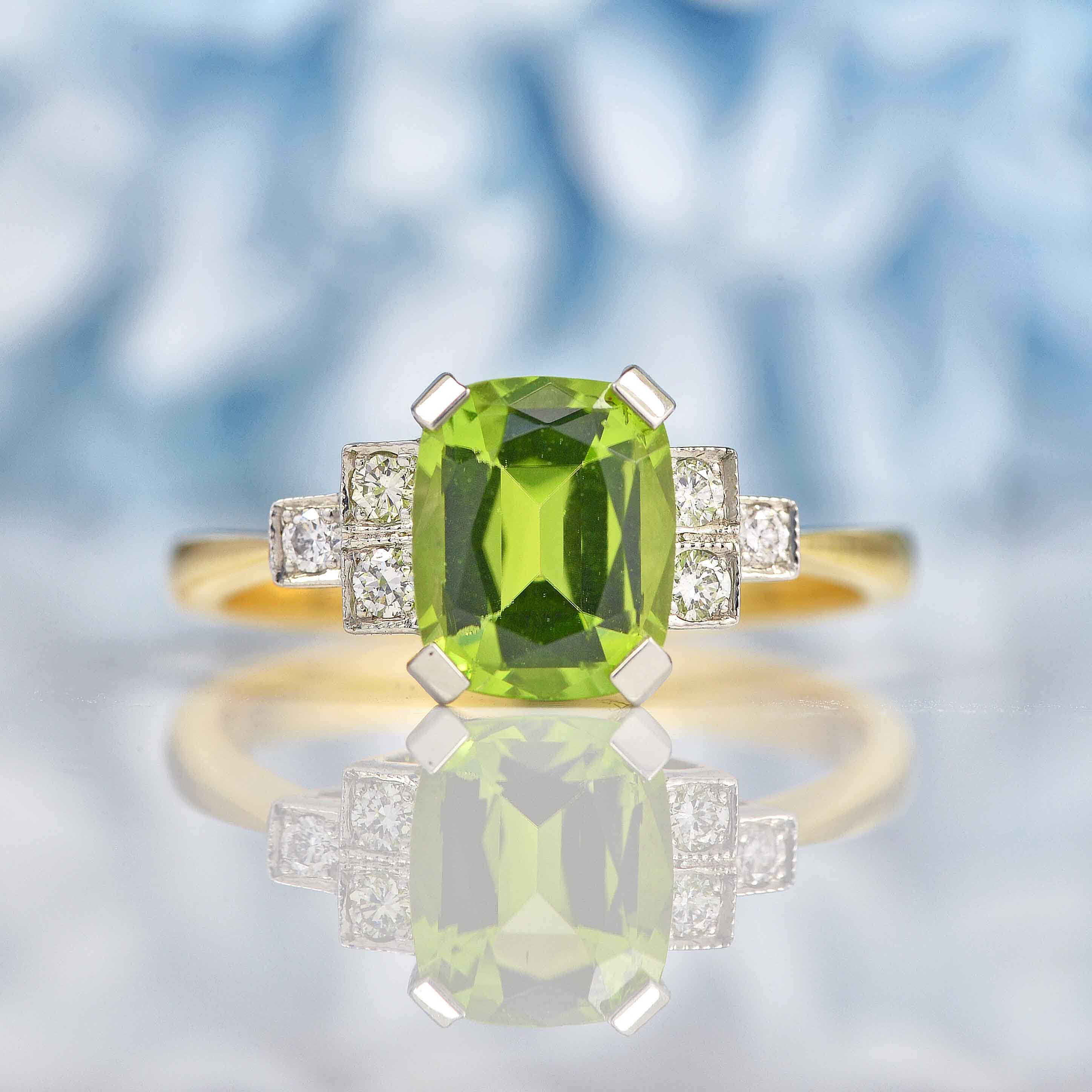 Art Deco Style Cushion Cut Peridot Diamond 18ct Gold Ring Ellibelle art-deco-style-cushion-cut-peridot-diamond-18ct-gold-ring-ellibelle