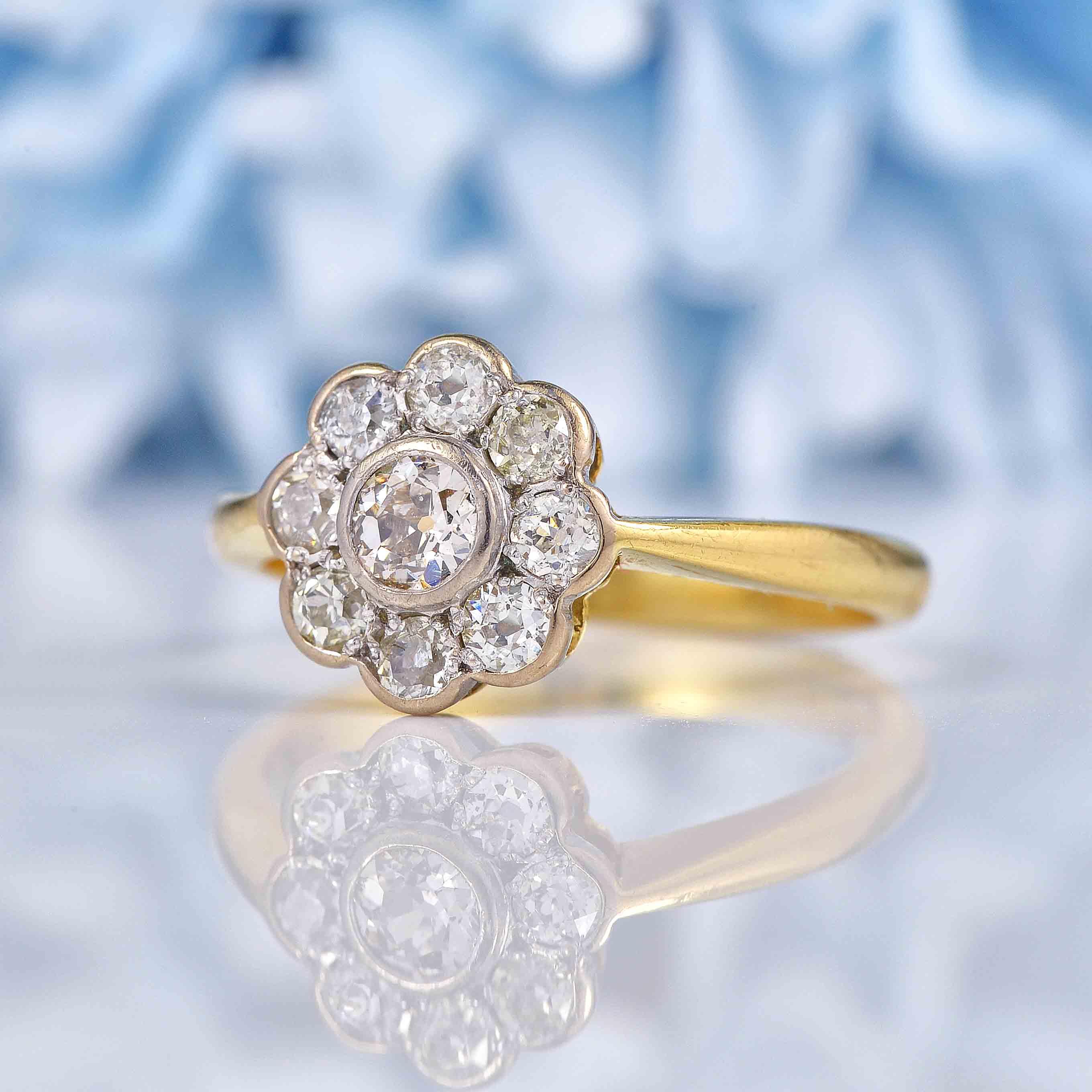 Art Deco Style Diamond 18ct Gold Daisy Bezel Cluster Ring