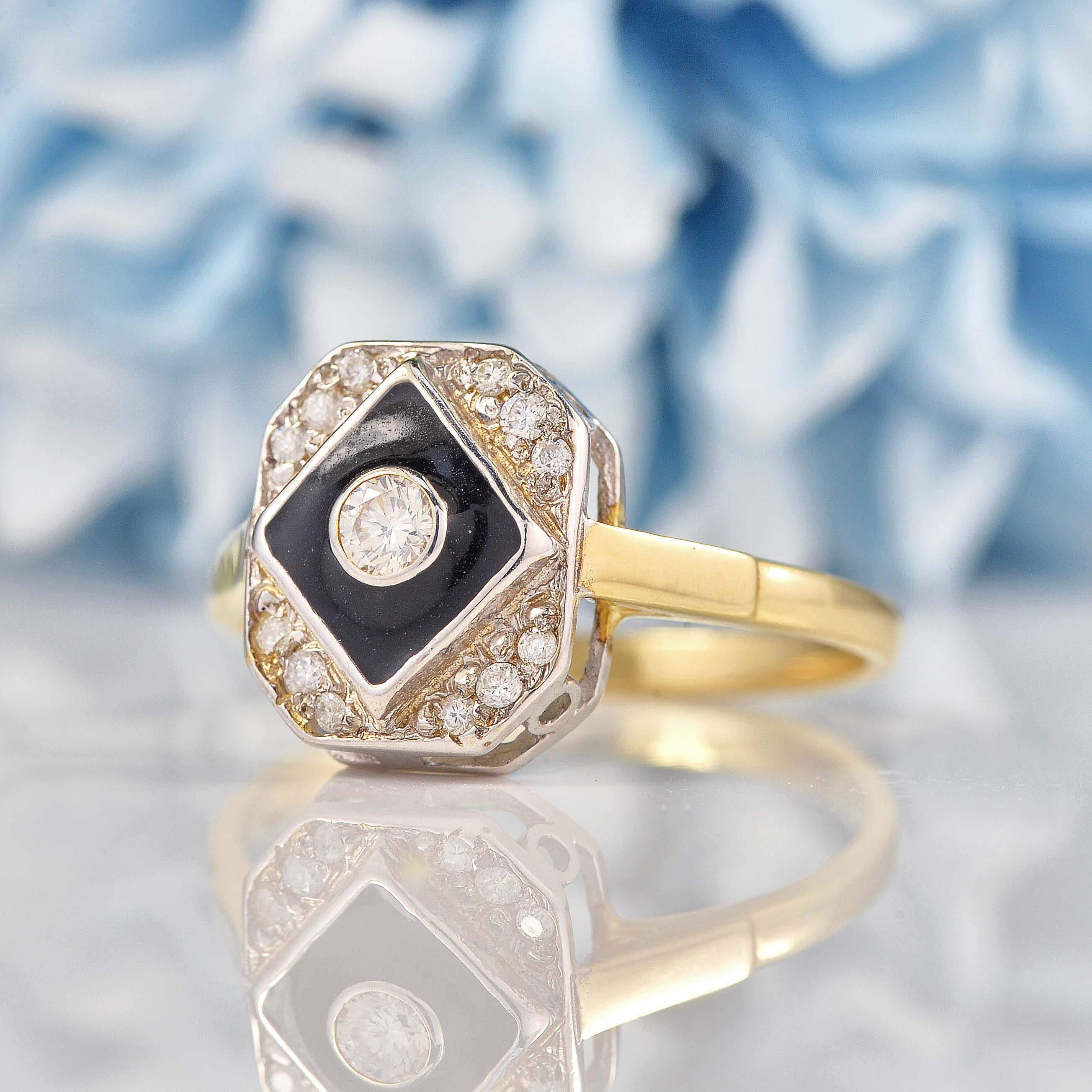 Ellibelle Jewellery Art Deco Style Diamond & Black Enamel 9ct Gold Ring