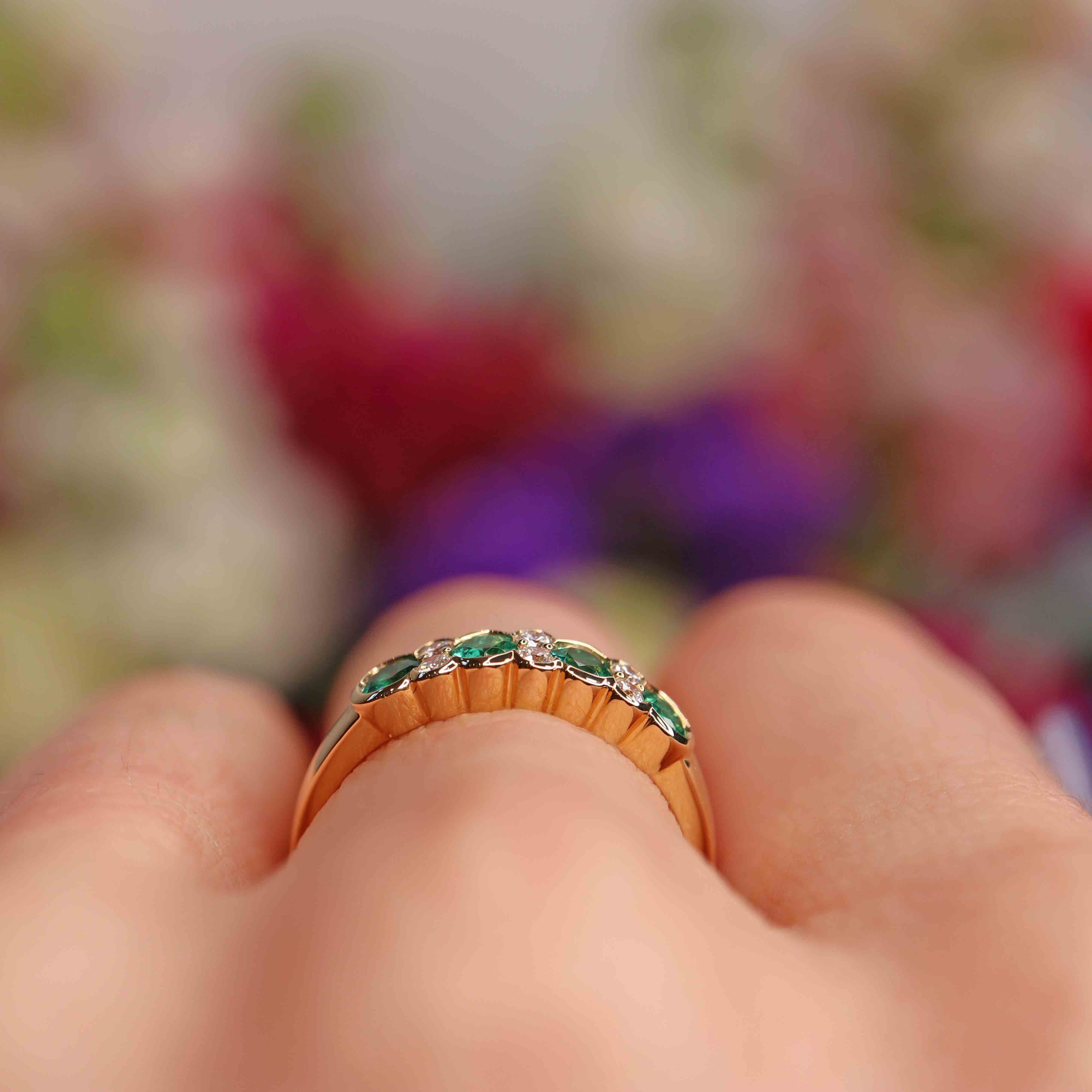 Ellibelle Jewellery Art Deco Style Emerald & Diamond 18ct Gold Half-Eternity Bezel Ring