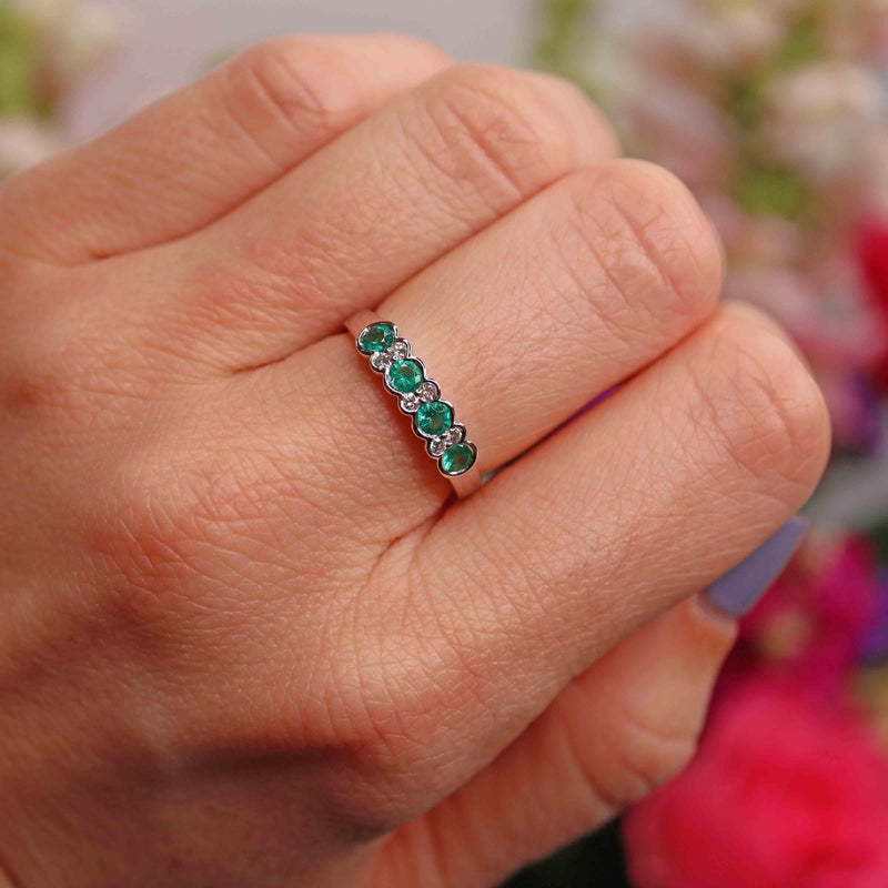 Ellibelle Jewellery Art Deco Style Emerald & Diamond 18ct White Gold Bezel Ring