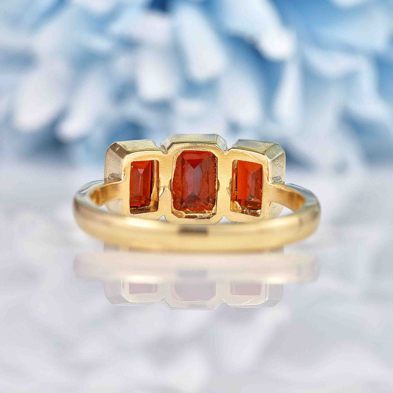Ellibelle Jewellery Art Deco Style Garnet 9ct Gold Bezel Trilogy Ring