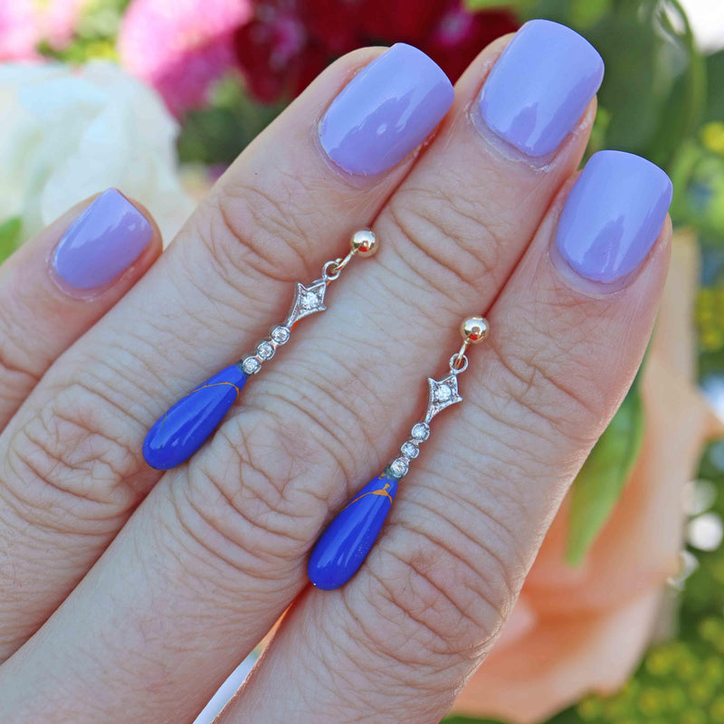 Ellibelle Jewellery Art Deco Style Lapis Lazuli & Diamond Teardrop Earrings