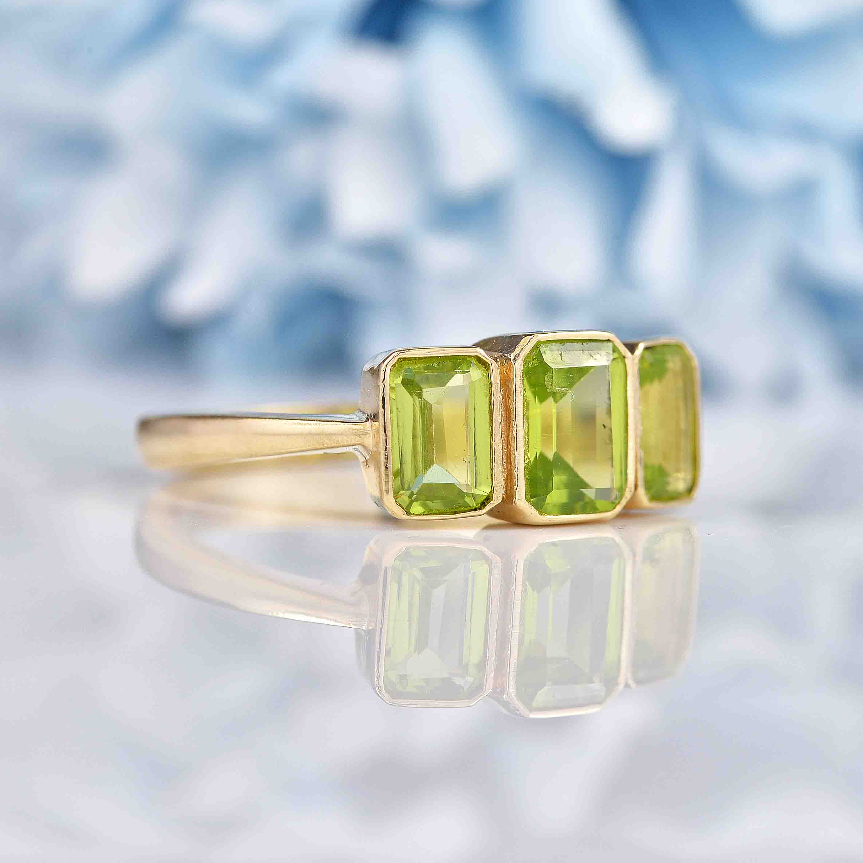 Ellibelle Jewellery Art Deco Style Peridot 9ct Gold Bezel Trilogy Ring