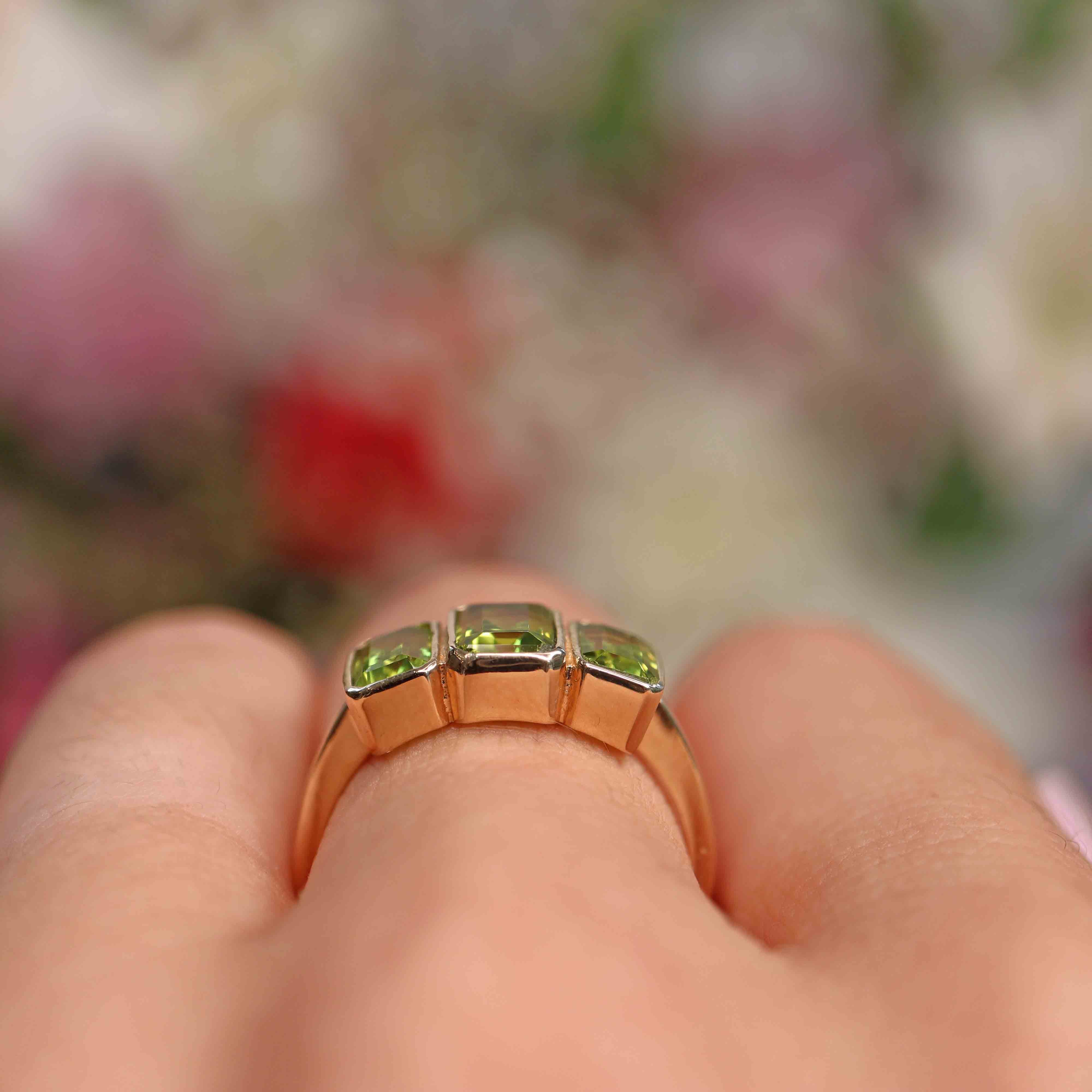 Ellibelle Jewellery Art Deco Style Peridot 9ct Gold Bezel Trilogy Ring