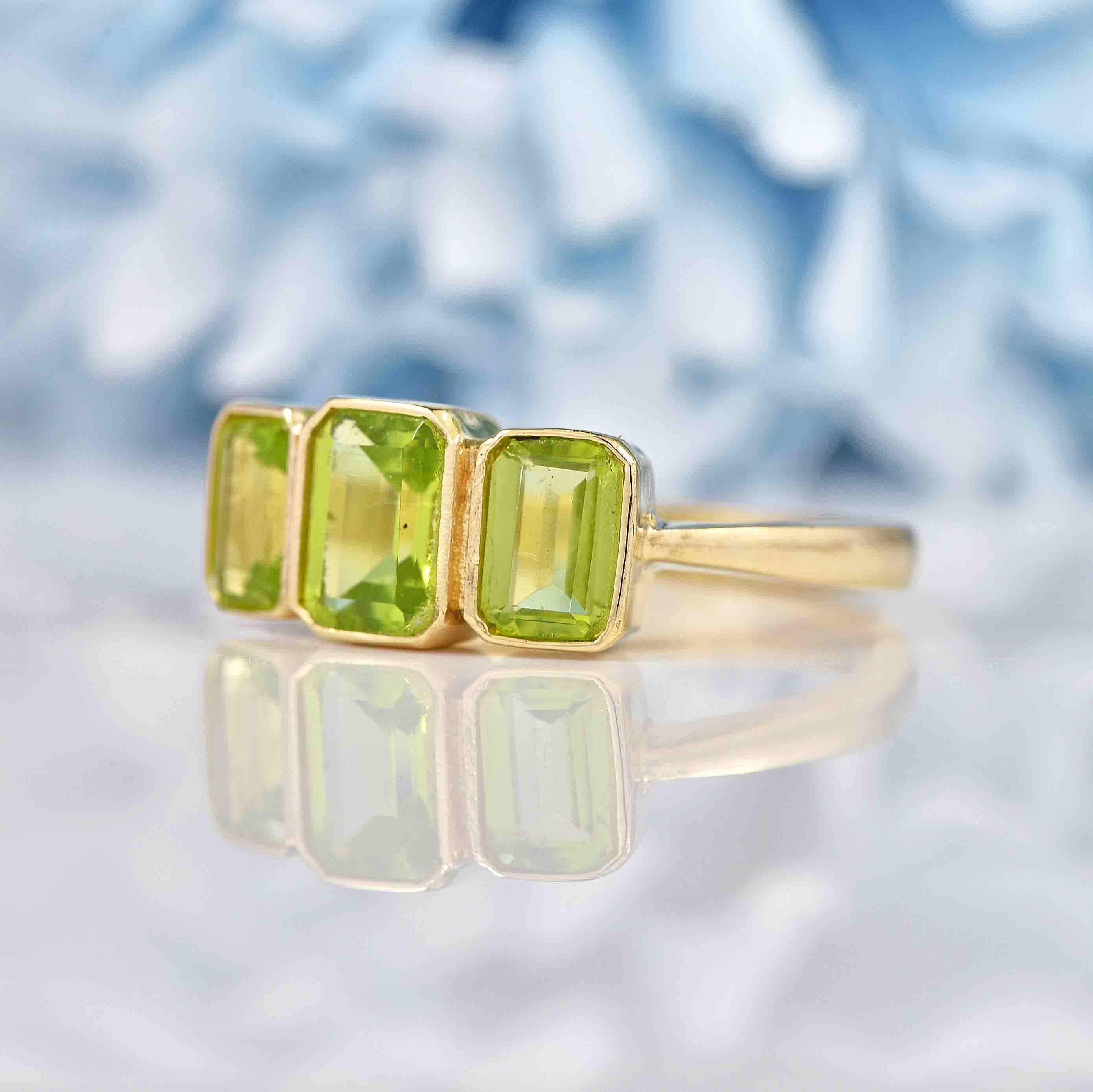 Ellibelle Jewellery Art Deco Style Peridot 9ct Gold Bezel Trilogy Ring