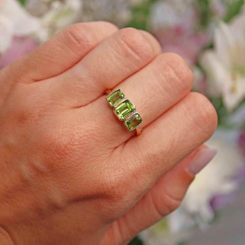 Ellibelle Jewellery Art Deco Style Peridot 9ct Gold Bezel Trilogy Ring