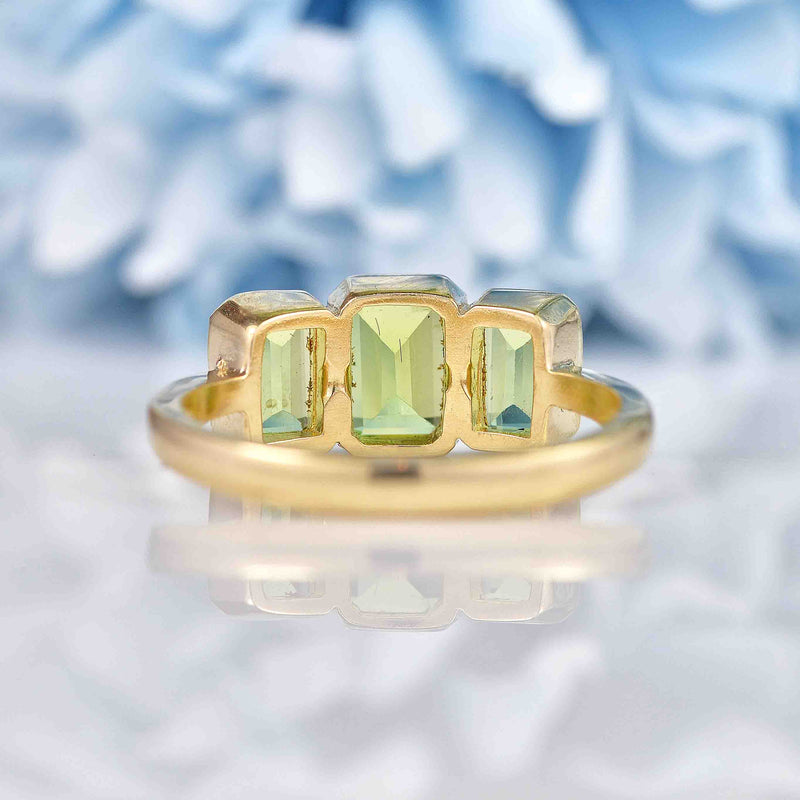 Ellibelle Jewellery Art Deco Style Peridot 9ct Gold Bezel Trilogy Ring