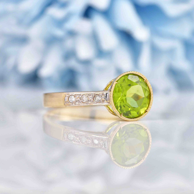 Ellibelle Jewellery Art Deco Style Peridot & Diamond 9ct Gold Bezel Ring