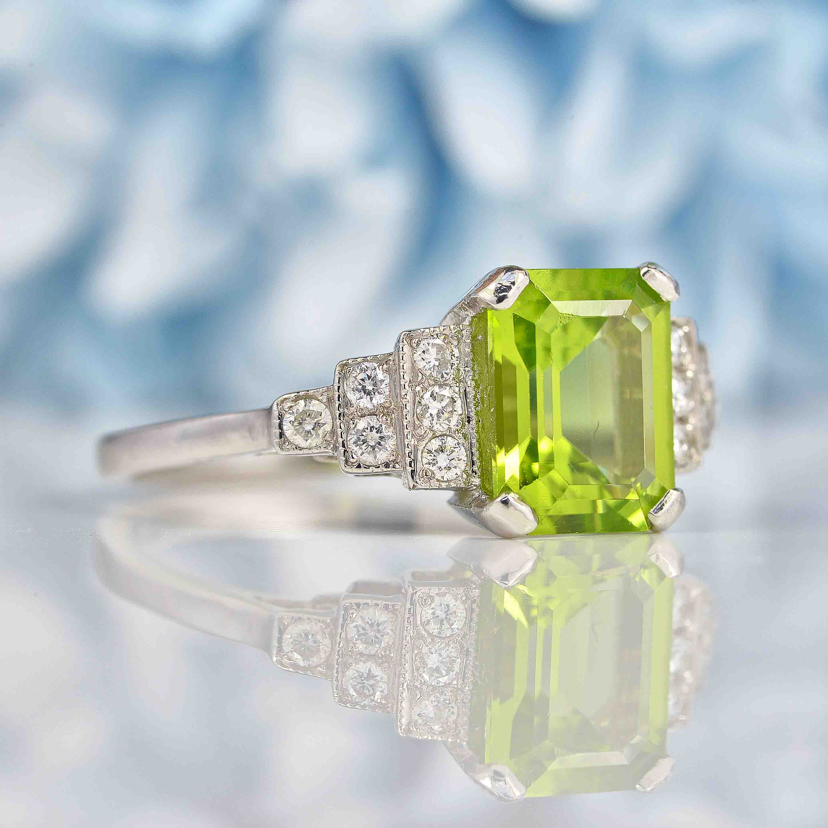 Ellibelle Jewellery Art Deco Style Peridot & Diamond Platinum Ring