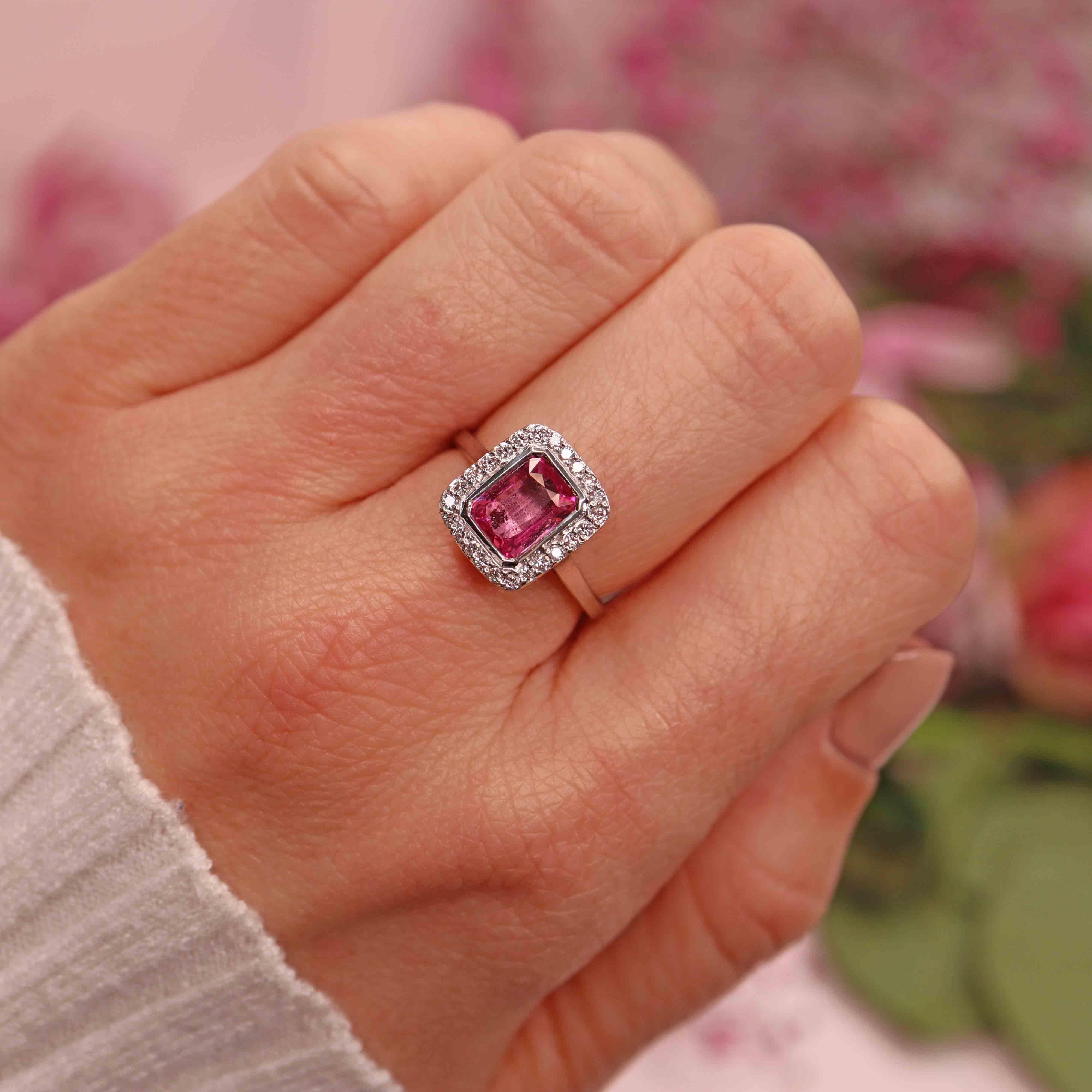 Ellibelle Jewellery Art Deco Style Pink Sapphire & Diamond 18ct White Gold Ring