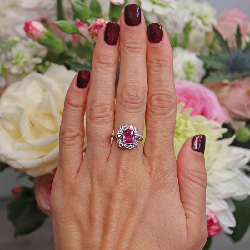 Ellibelle Jewellery Art Deco Style Pink Sapphire & Diamond Platinum Engagement Ring
