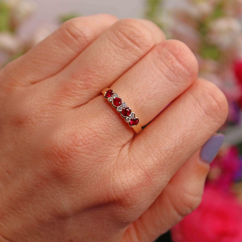 Ellibelle Jewellery Art Deco Style Ruby & Diamond 18ct Gold Half-Eternity Bezel Ring