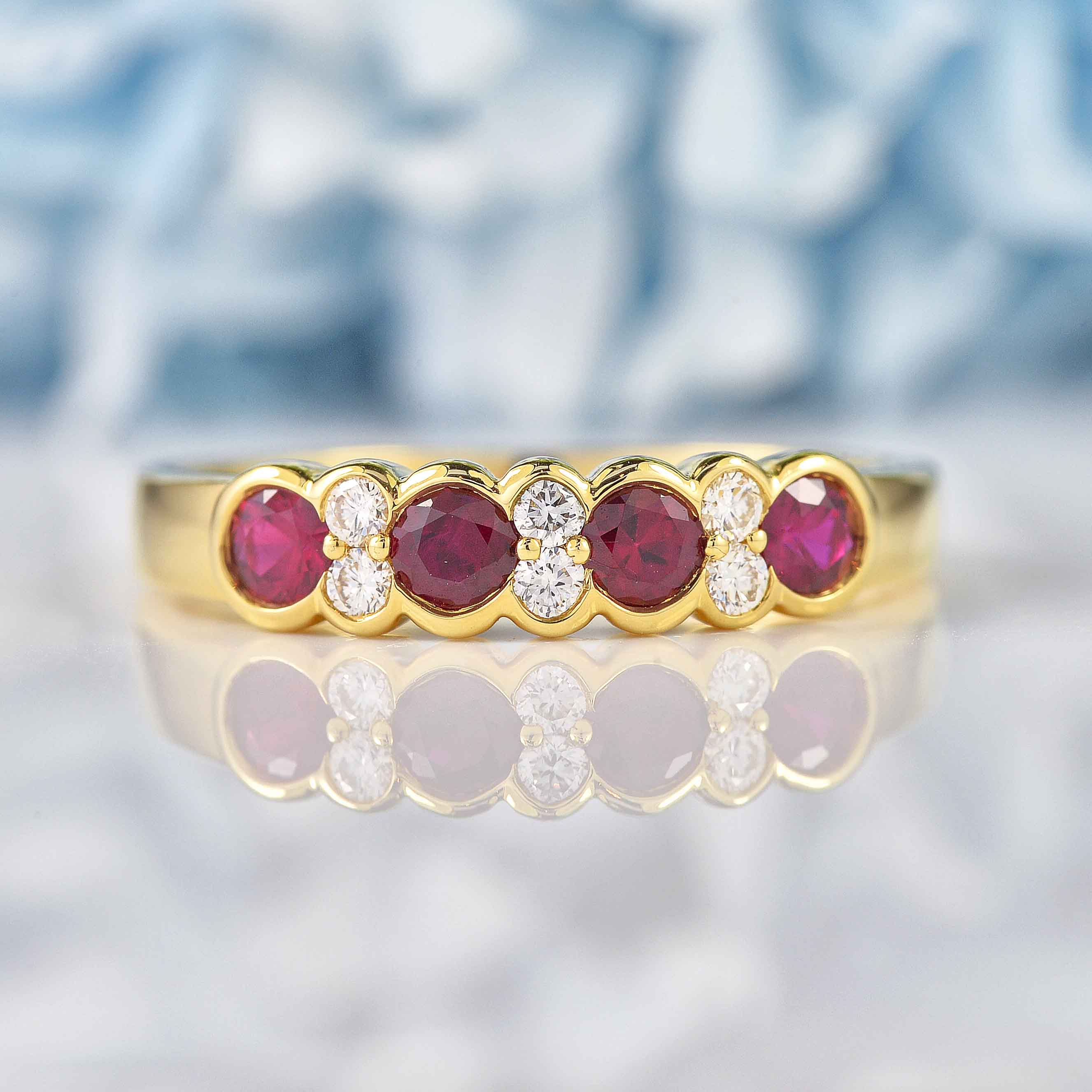 Ellibelle Jewellery Art Deco Style Ruby & Diamond 18ct Gold Half-Eternity Bezel Ring