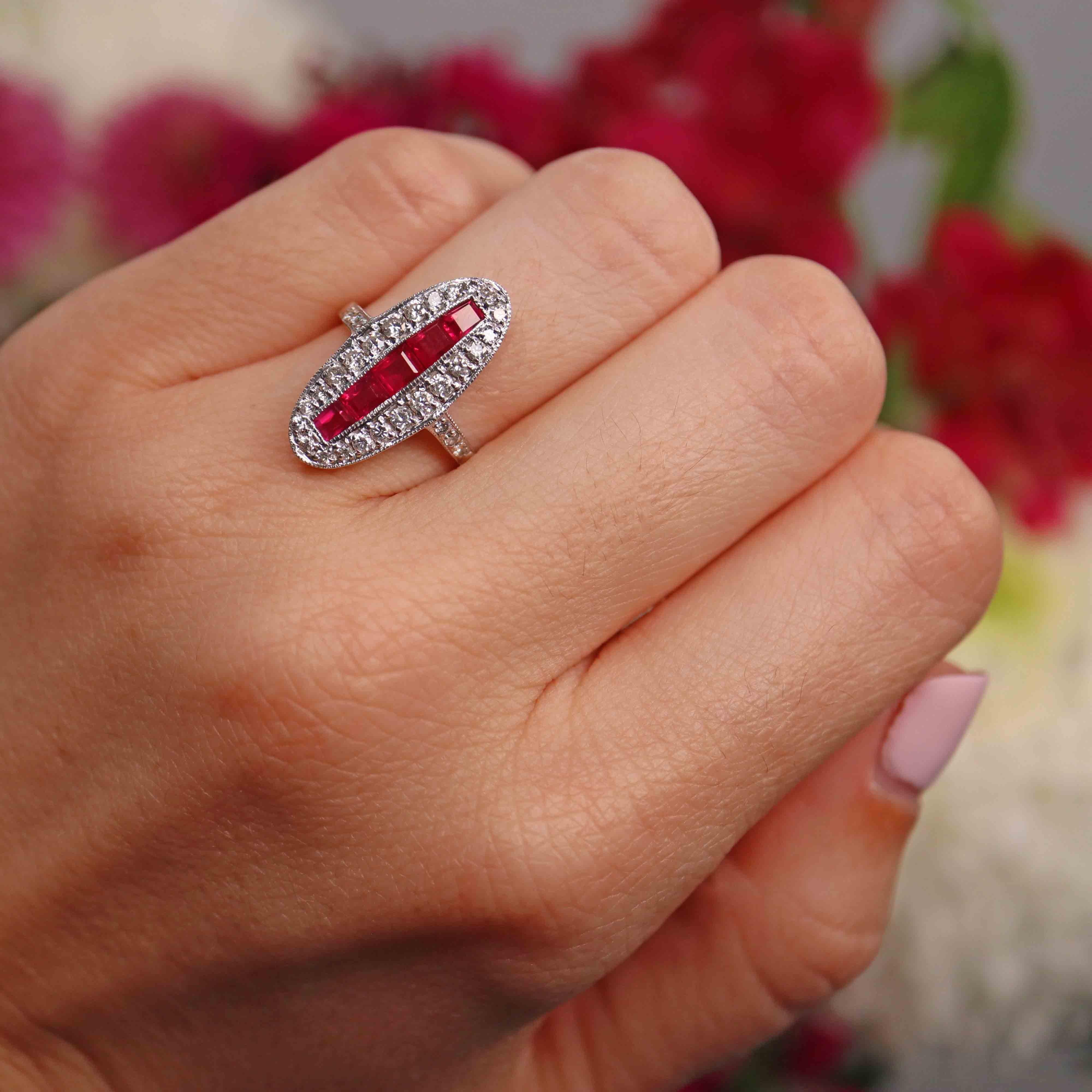 Ellibelle Jewellery Art Deco Style Ruby & Diamond 18ct White Gold Panel Ring