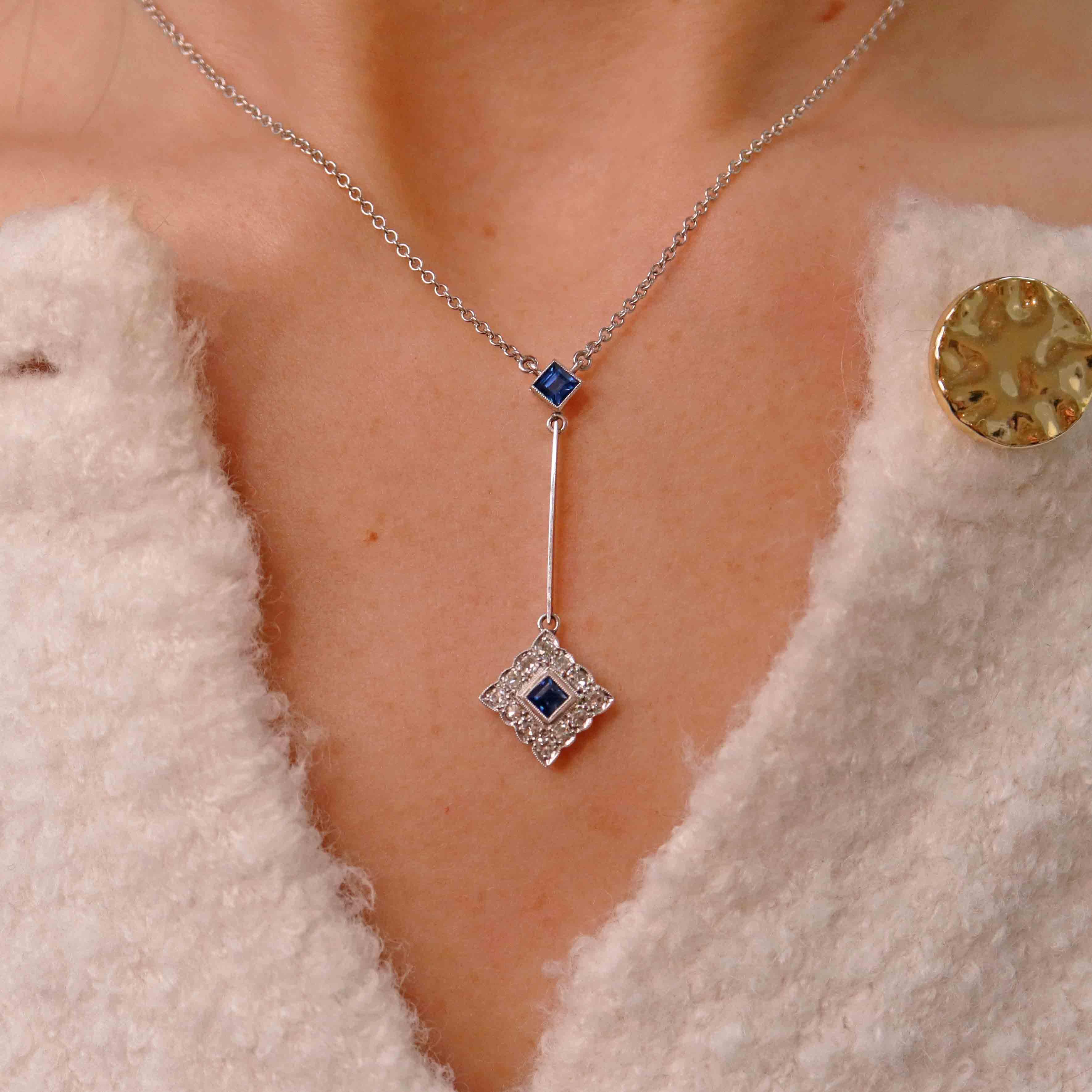 Ellibelle Jewellery Art Deco Style Sapphire & Diamond White Gold Pendant Necklace