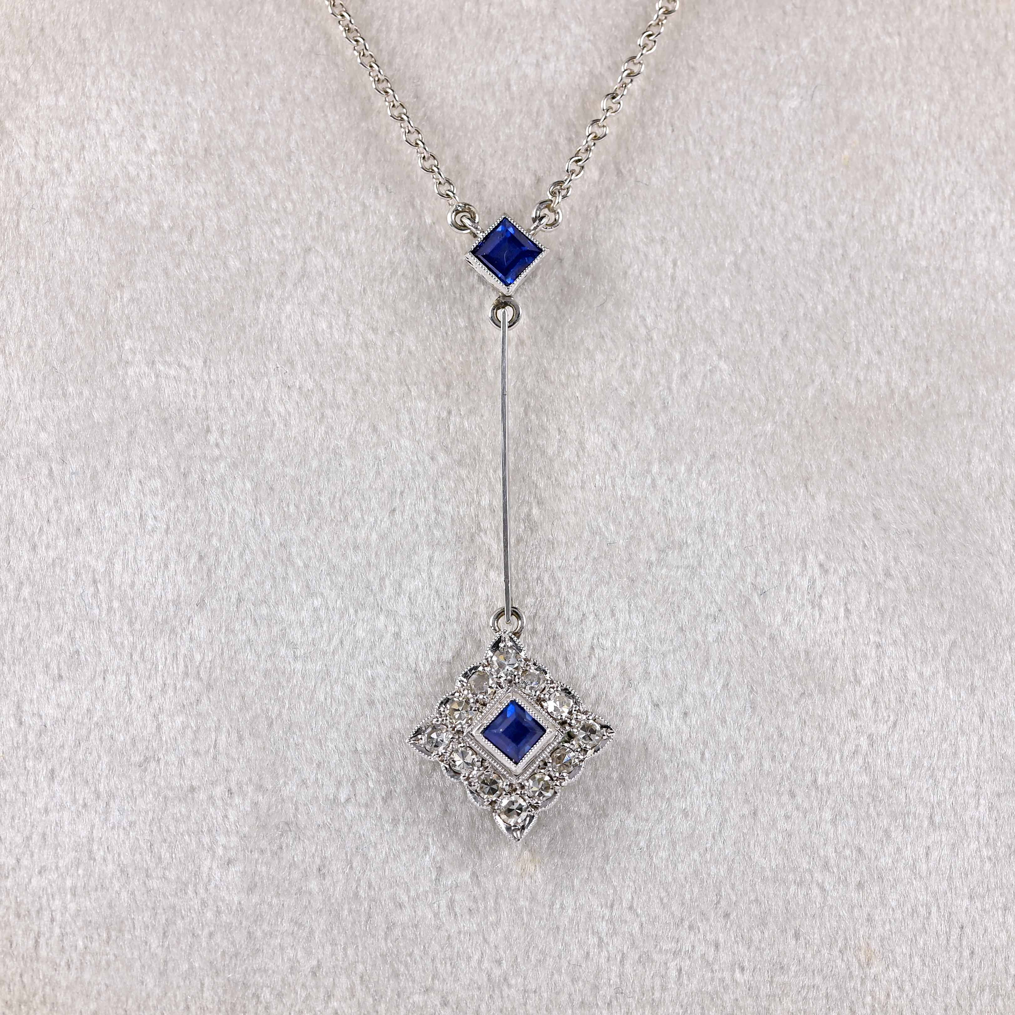 Ellibelle Jewellery Art Deco Style Sapphire & Diamond White Gold Pendant Necklace