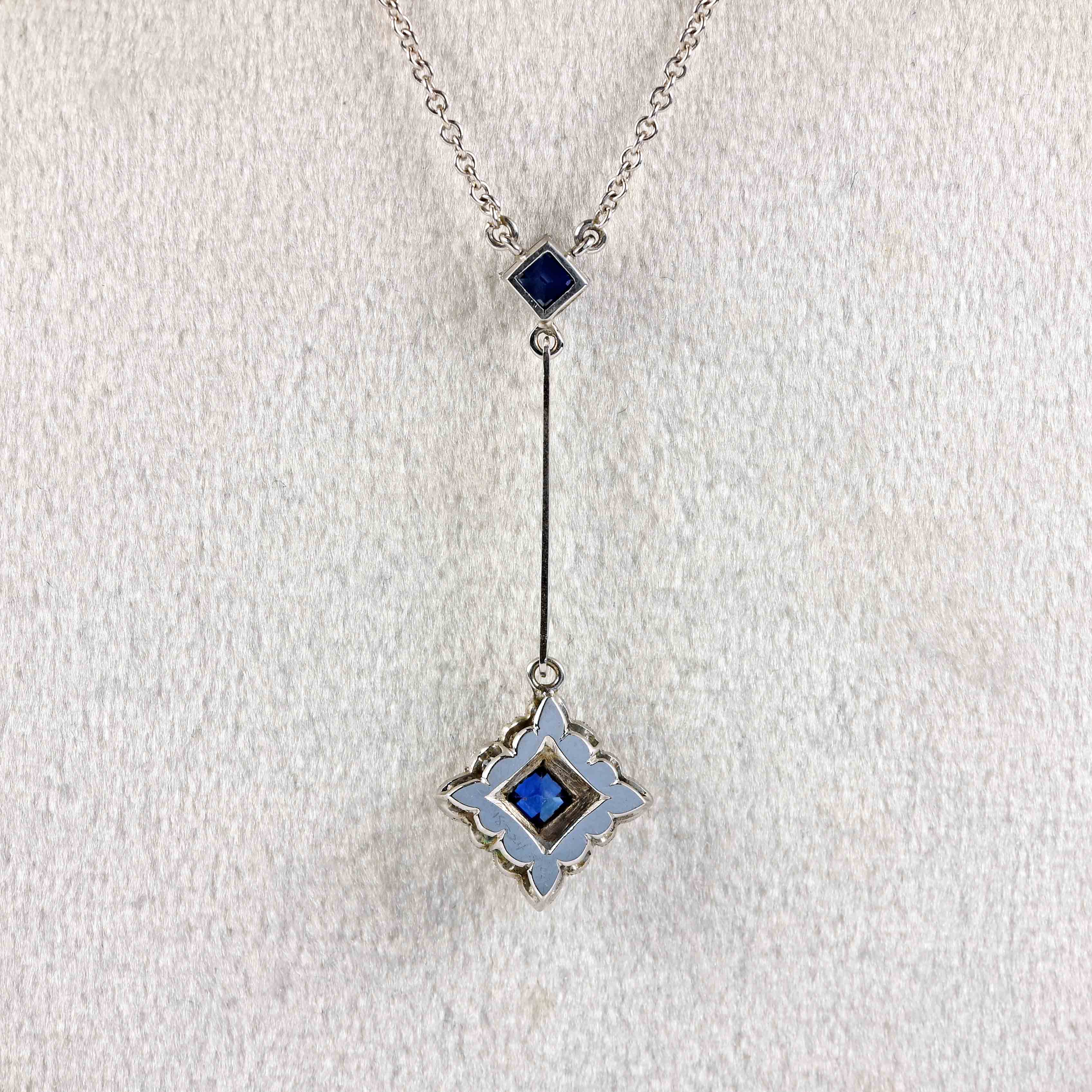 Ellibelle Jewellery Art Deco Style Sapphire & Diamond White Gold Pendant Necklace