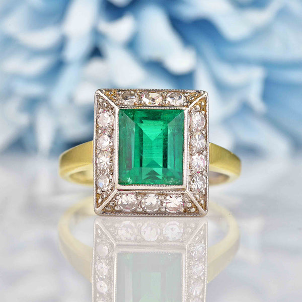 Ellibelle Jewellery Art Deco Style Synthetic Emerald & Diamond Panel Ring