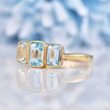 Ellibelle Jewellery Art Deco Style Topaz 9ct Gold Bezel Trilogy Ring