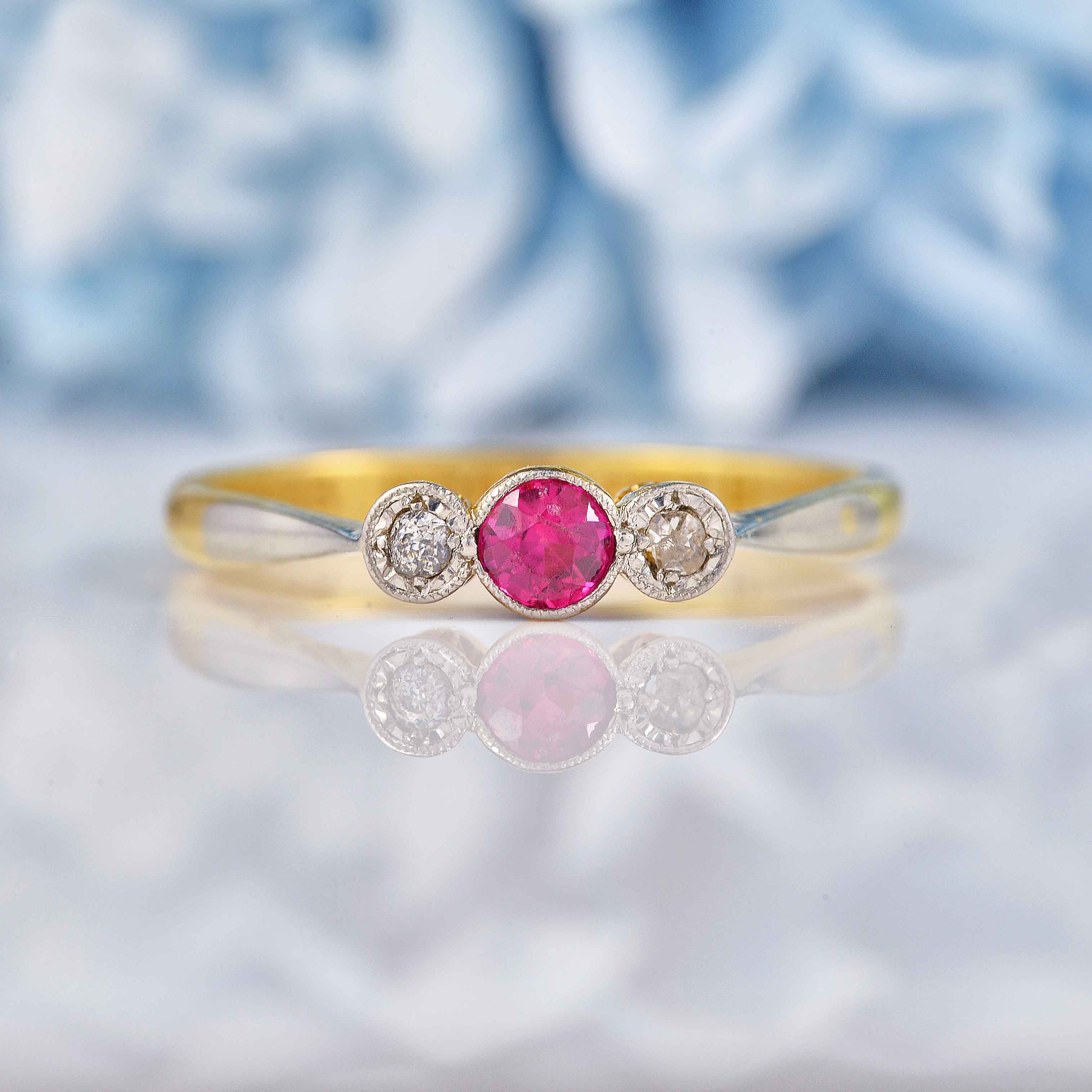 Ellibelle Jewellery Art Deco Synthetic Ruby & Diamond Trilogy Bezel Ring