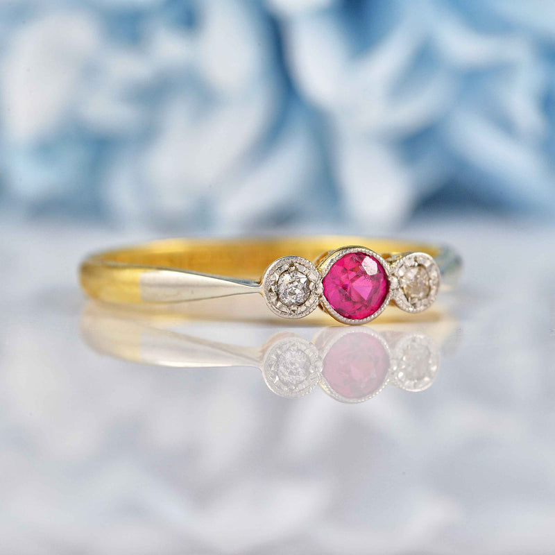 Ellibelle Jewellery Art Deco Synthetic Ruby & Diamond Trilogy Bezel Ring