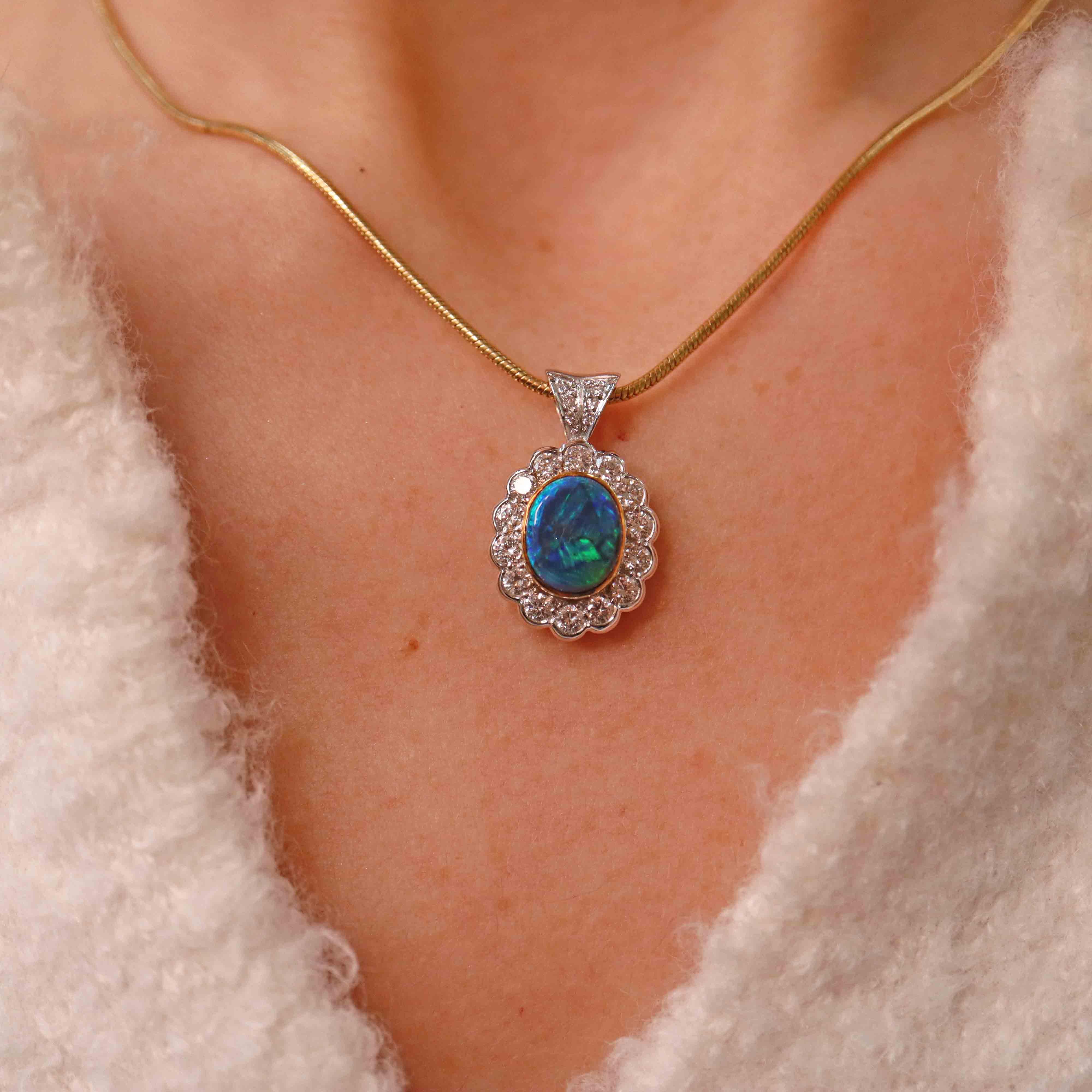 Ellibelle Jewellery Black Opal & Diamond 18ct Gold Cluster Pendant Necklace