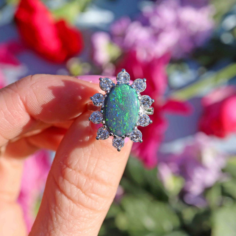 Ellibelle Jewellery Black Opal & Diamond 18ct White Gold Cluster Ring