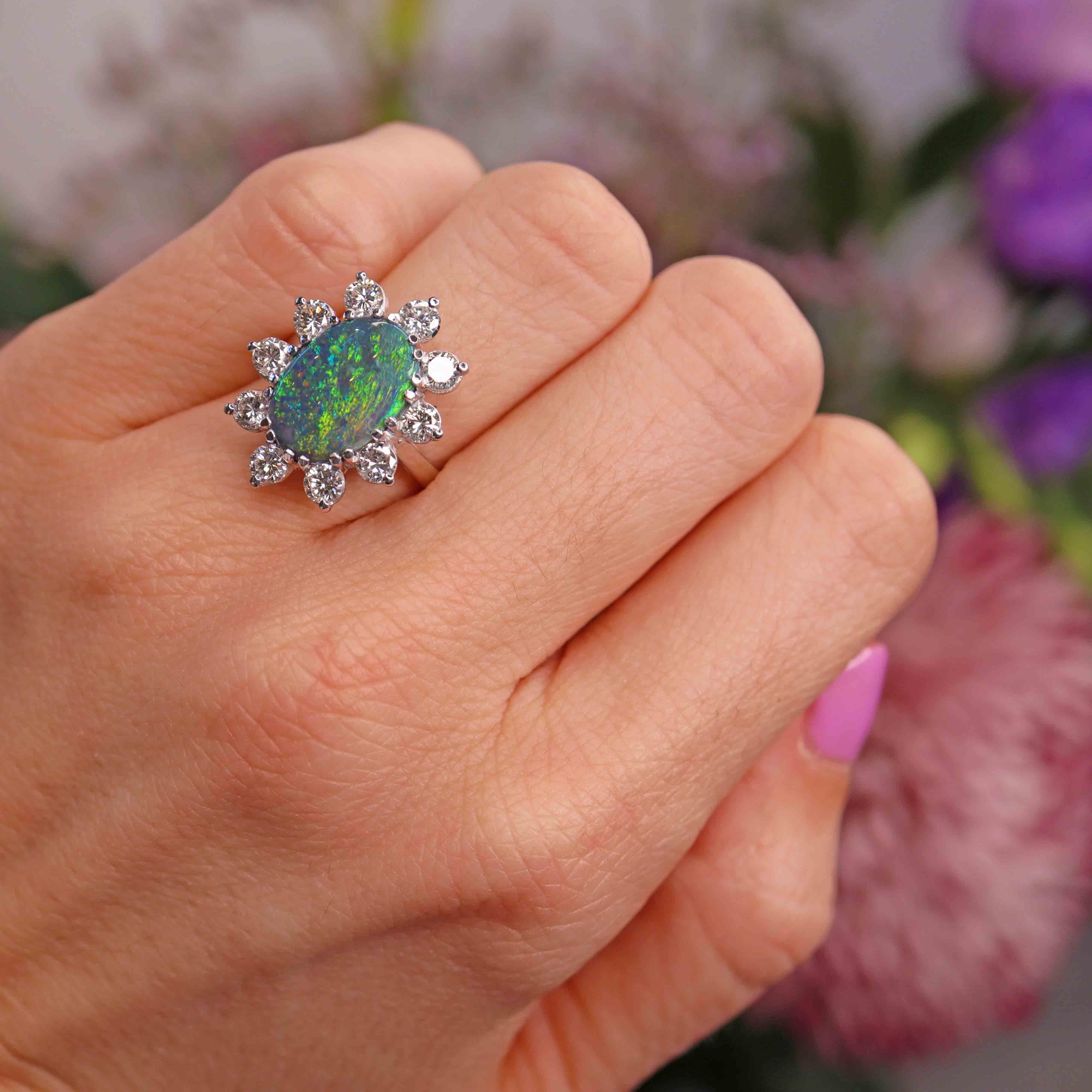 Ellibelle Jewellery Black Opal & Diamond 18ct White Gold Cluster Ring