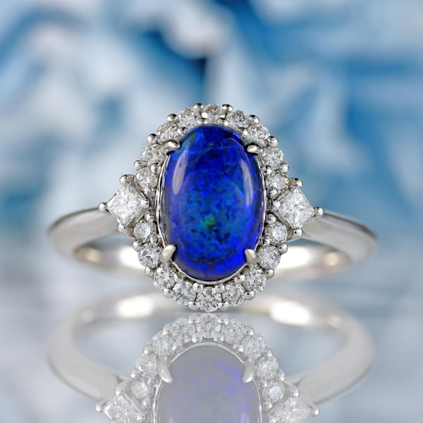 Ellibelle Jewellery Black Opal & Diamond Platinum Cluster Engagement Ring