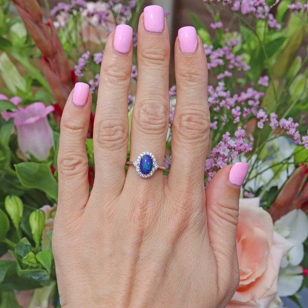 Ellibelle Jewellery Black Opal & Diamond Platinum Cluster Engagement Ring
