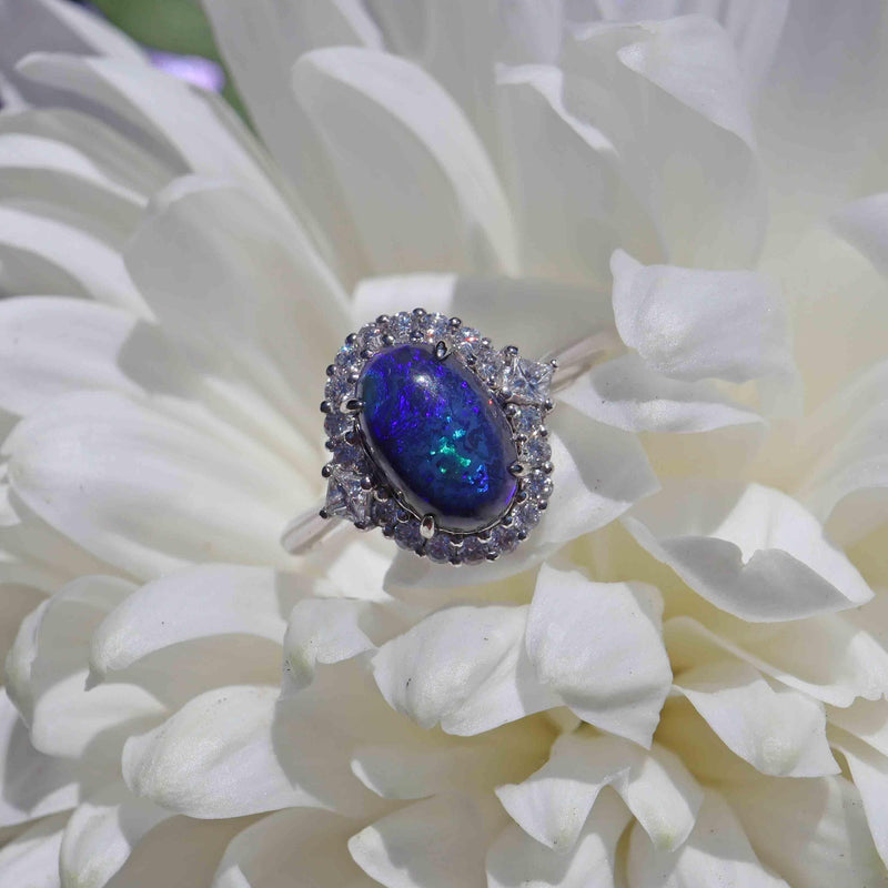 Ellibelle Jewellery Black Opal & Diamond Platinum Cluster Engagement Ring