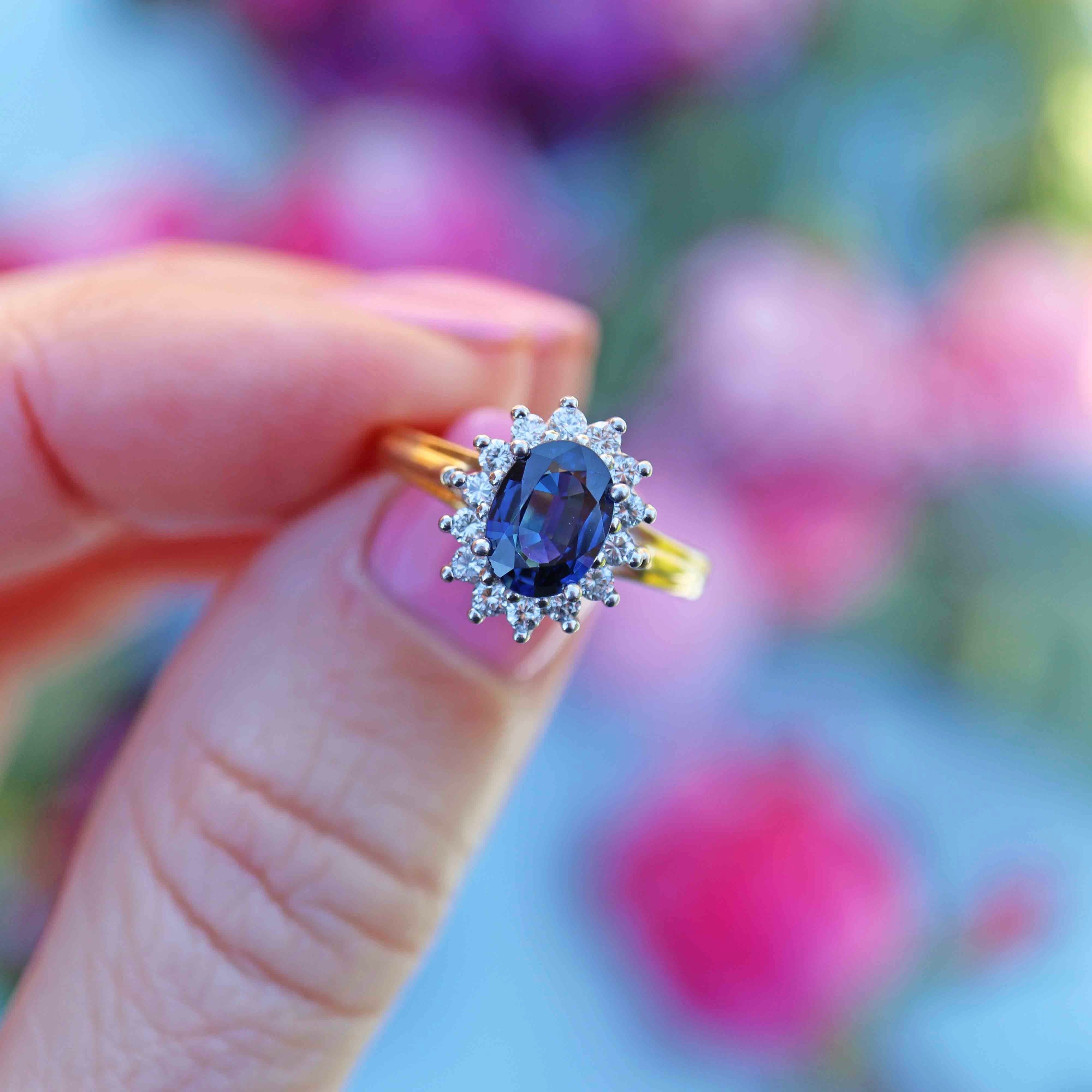 Ellibelle Jewellery Blue Sapphire & Diamond 18ct Gold Platinum Oval Cluster Ring (1.20cts)