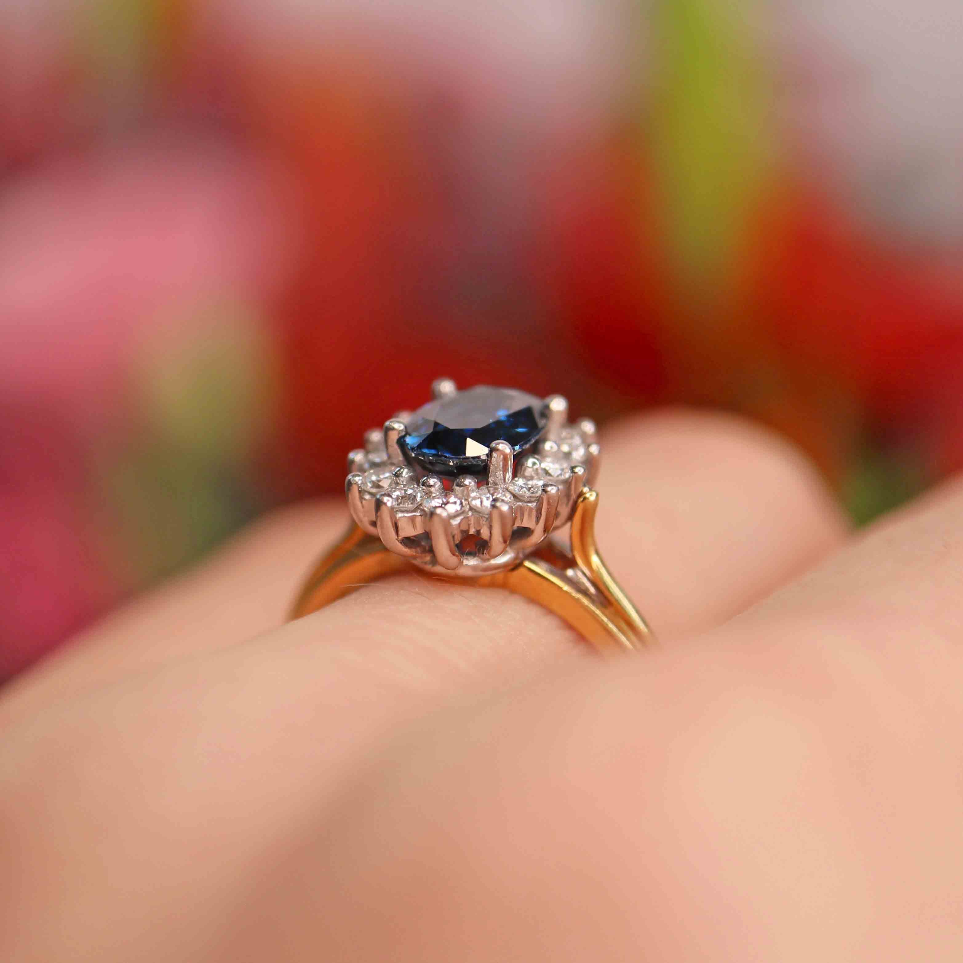 Ellibelle Jewellery Blue Sapphire & Diamond 18ct Gold Platinum Oval Cluster Ring (1.20cts)